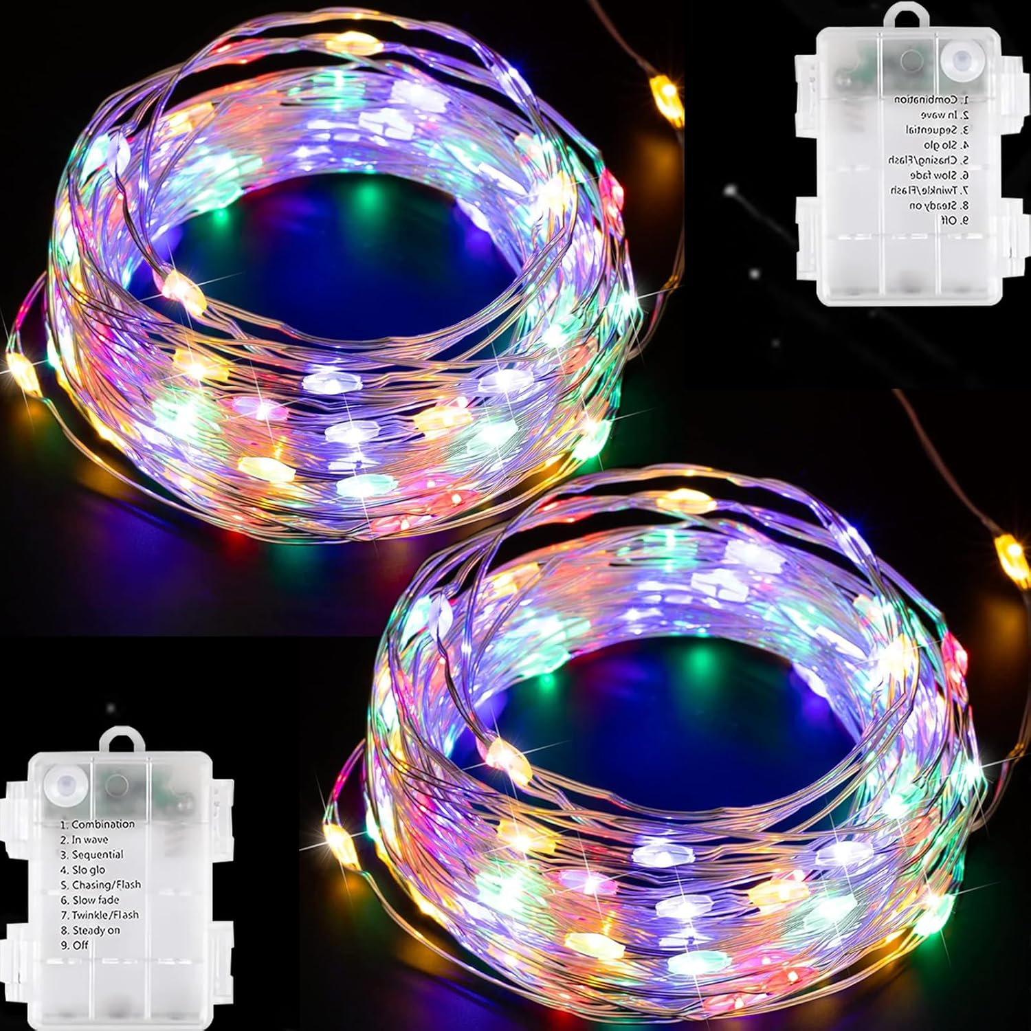 33Ft 100 LED String Lights, 2Packs Multicolor Fairy Lights Battery Operated with 8 Modes Led Twinkle Lights for Bedroom Wedding Birthday Party