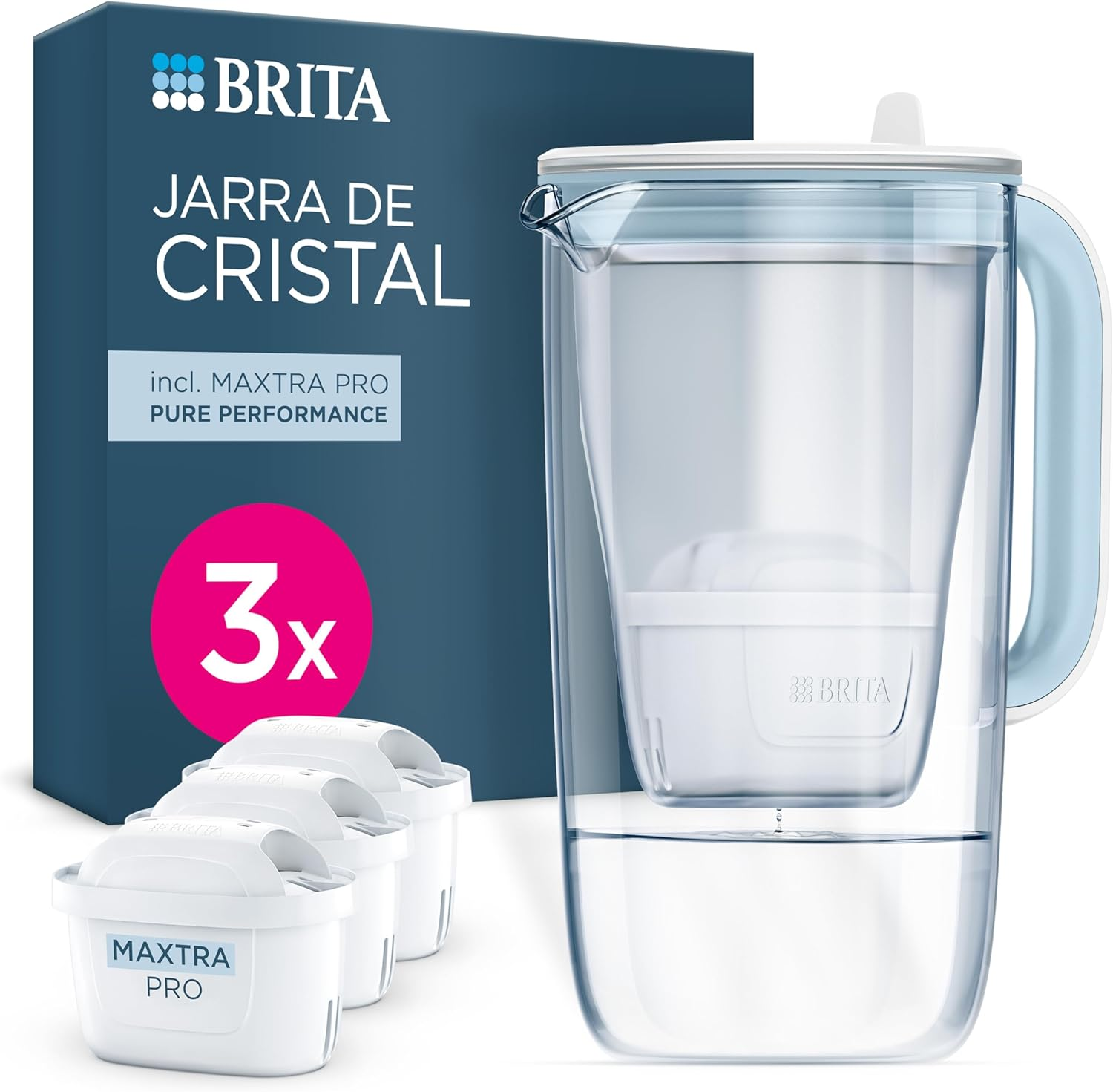 BRITA Glass Water Filter Jug Light Blue (2.5L) Starter Pack Inc. 3X MAXTRA PRO Pure Performance - Premium Glass Jug with Easy-Filling Flip-Lid and Indicator - in Sustainable Smart Box Packaging image number 5