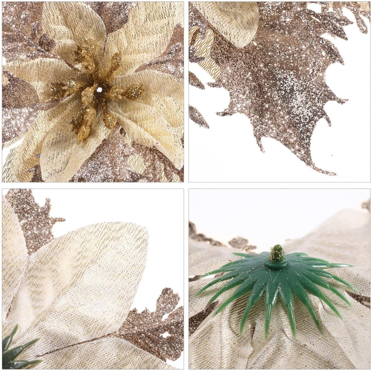 Kisangel 12Pcs Christmas Tree Picks, Artificial Poinsettia Glitter Flowers with Stems and Clips, Xmas Tree Flowers for Wedding Party Ornaments, Gold image number 4