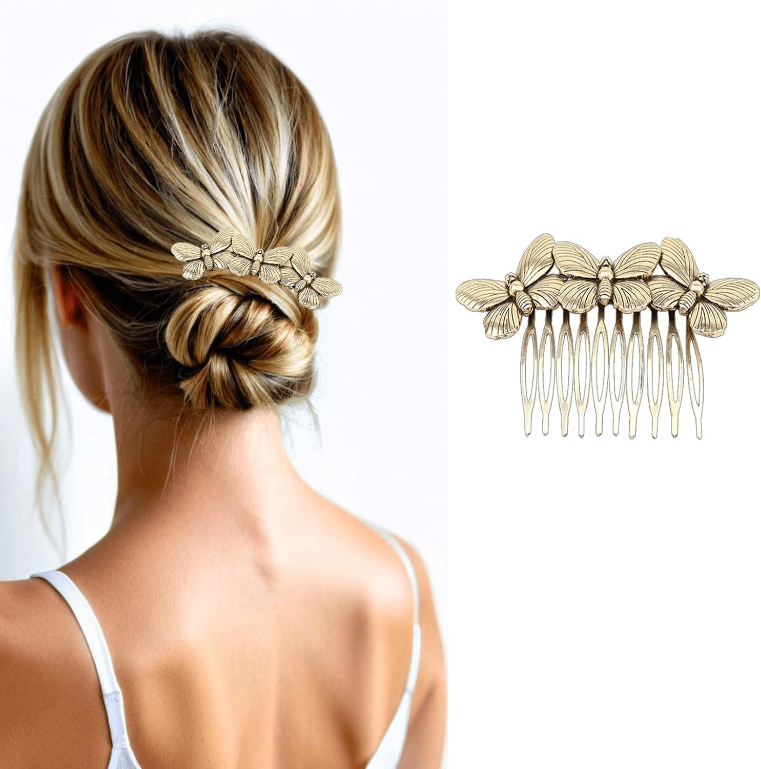 6 Pack Vintage Gold Hair Side Combs for Women Decorative,Butterfly Flower Leaf Pearl Rhinestone Metal Hair Comb Tooth Clip with Teeth Grip Crystal Bridal Hair Piece Pins for Wedding Accessories - Retro Gold image number 2