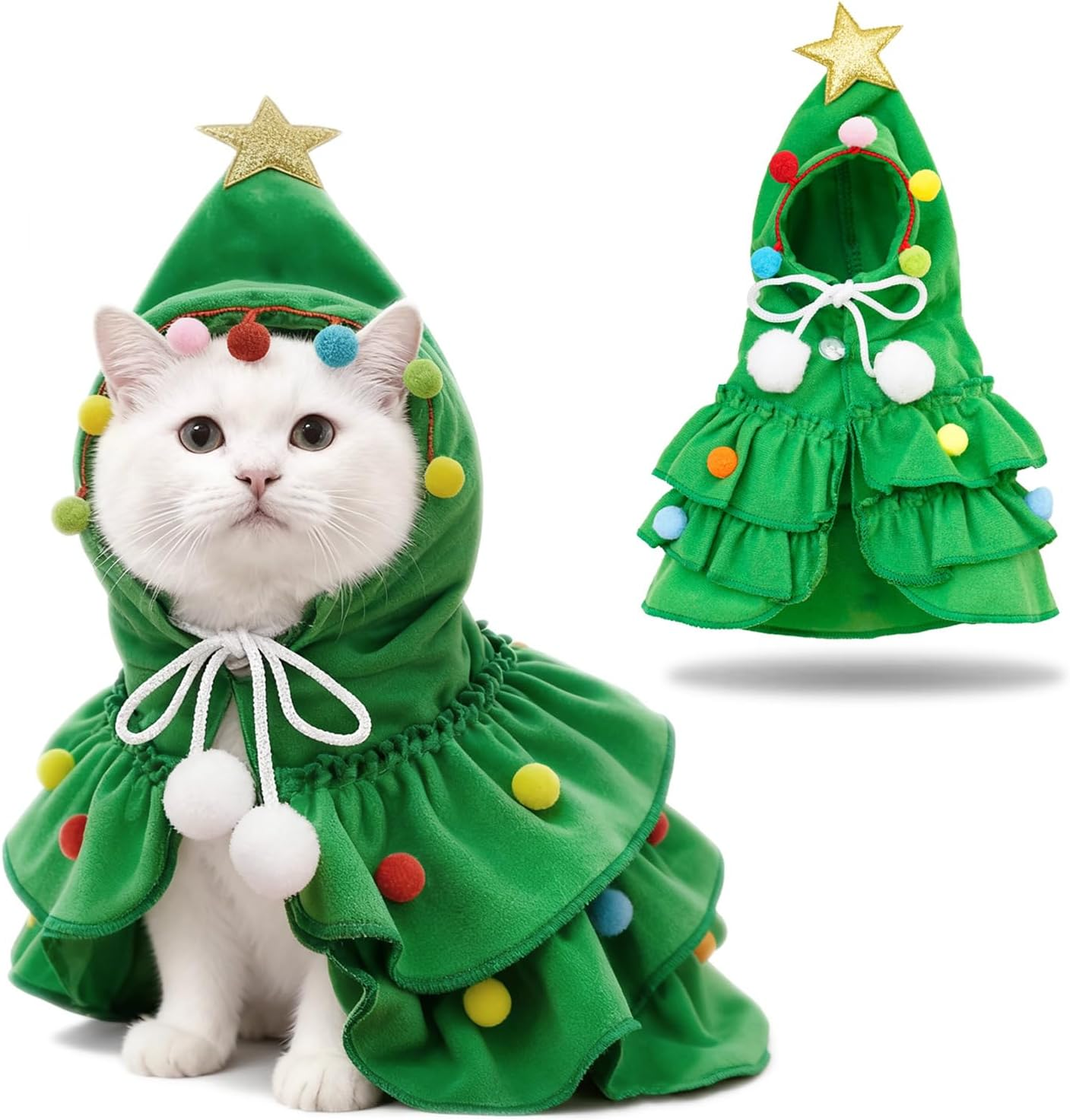 FOSDICK Cat Christmas Outfit, Cute Green Cat Cape Xmas Puppy Cloak with Star, Pet Christmas Costume for Small Dogs Cats Kitten Clothes Puppy New Year Party Supplies (M) image number 1