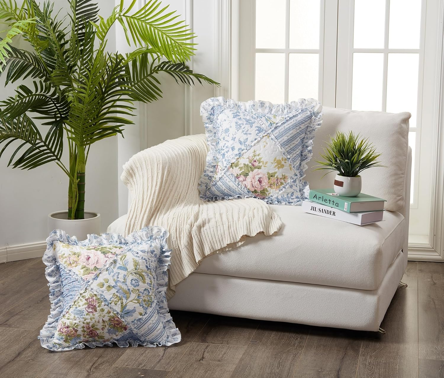 Brilliant Sunshine Latte Grey Paris and Toile Floral Patchwork Ruffle Pillowshams, Quilted Decorative Pillow Covers Set, Square Throw Cushion Cases for Couch, Chair, Bed, 18X18,Pack of 2, Latte Grey