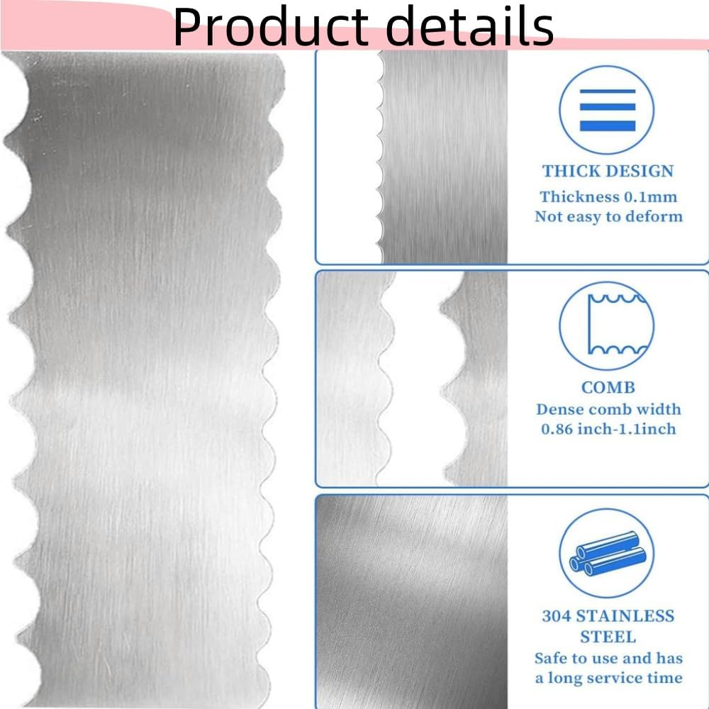 HIDOSNG 2Pcs Stainless Steel Cake Scraper with Sided Patterned Edge Stripe Edge, Pastry Baking Smoother Scraper Cake Decorating Tools for Mousse Butter Cream Cake（Silver） image number 4