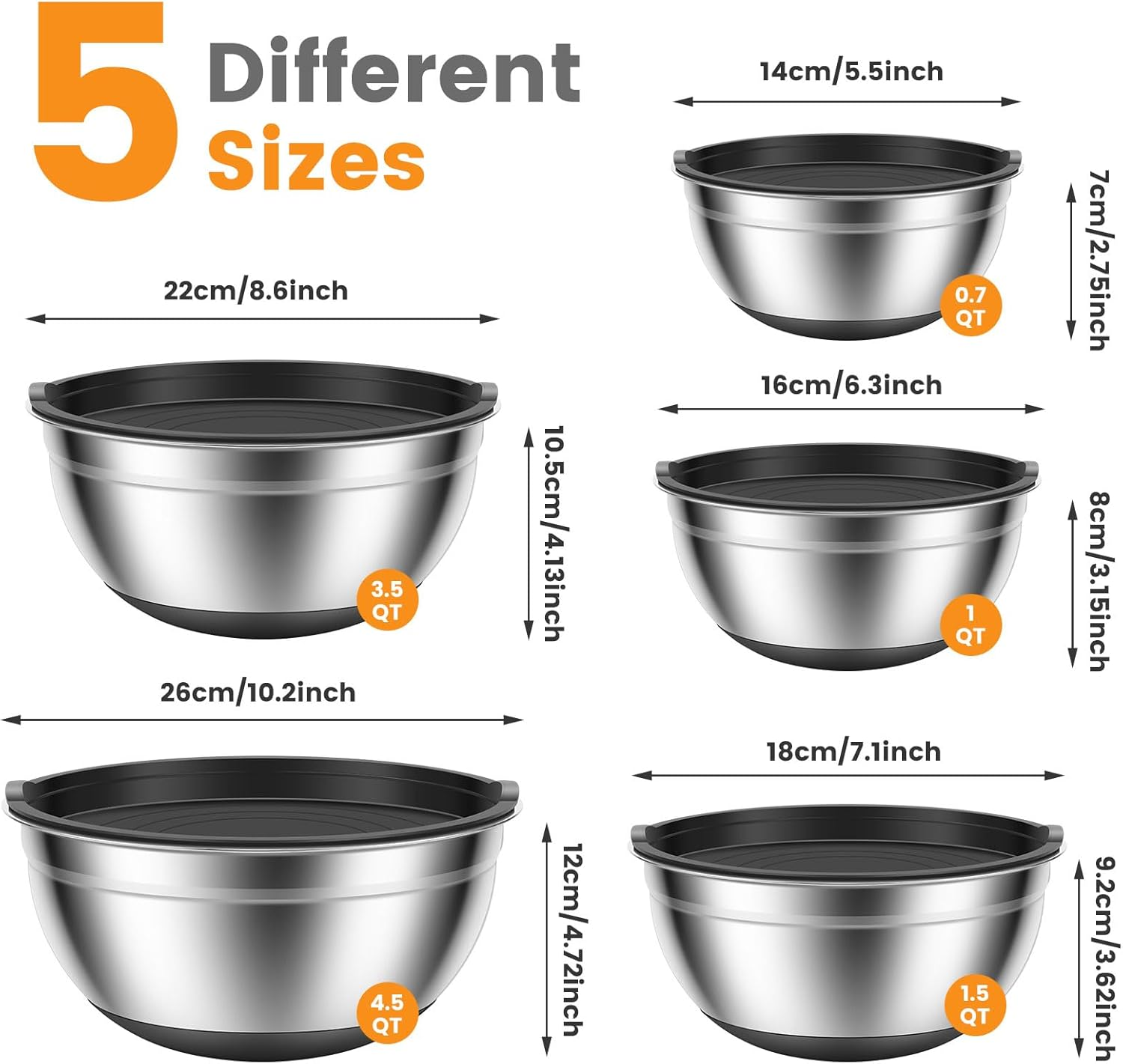 5 Pcs Mixing Bowls with Lids Stainless Steel Nesting Bowls Set with Non-Slip Silicone Bottoms Kitchen Metal Bowls for Mixing Baking Prepping Cooking Serving 4.5QT Large to 0.7QT Small image number 6