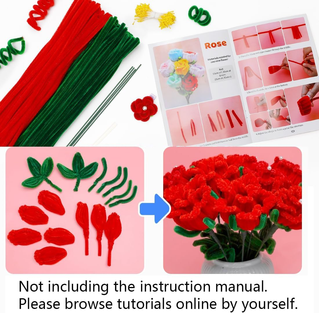 Pipe Cleaners, 480Pcs Red Roses, Flower Making Kit, Arts and Craft Supplies, Pipe Cleaners, Pipe Cleaners for Flowers, Craft Supplies Kit, Ideas for Art Project Activity image number 3