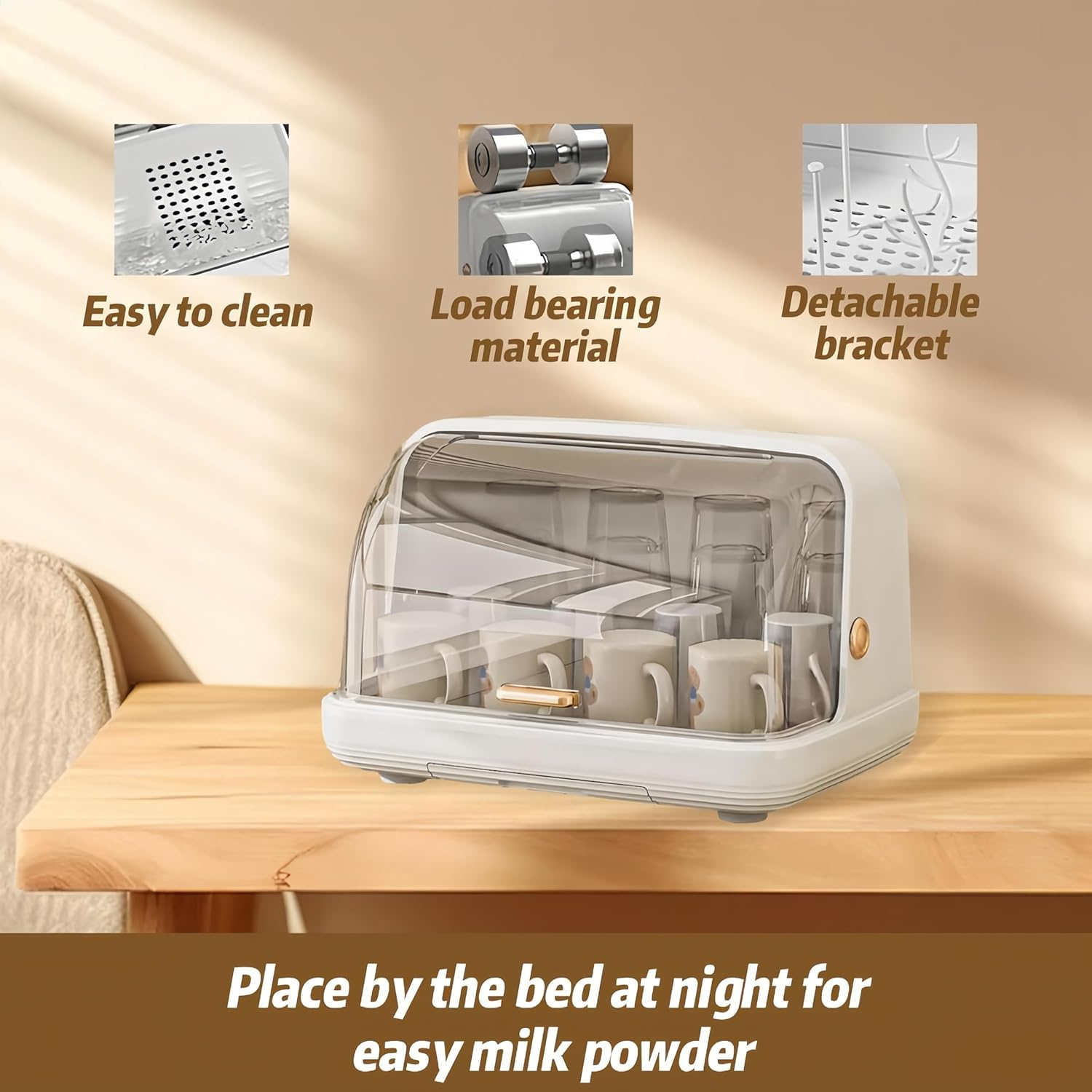 Baby Bottle Drying Rack with Cover, Nursing Bottle Storage Box, Large Capacity Organizer for Countertop, Portable Sturdy Storage Box | Nursing Bottle Dryer (White) image number 2