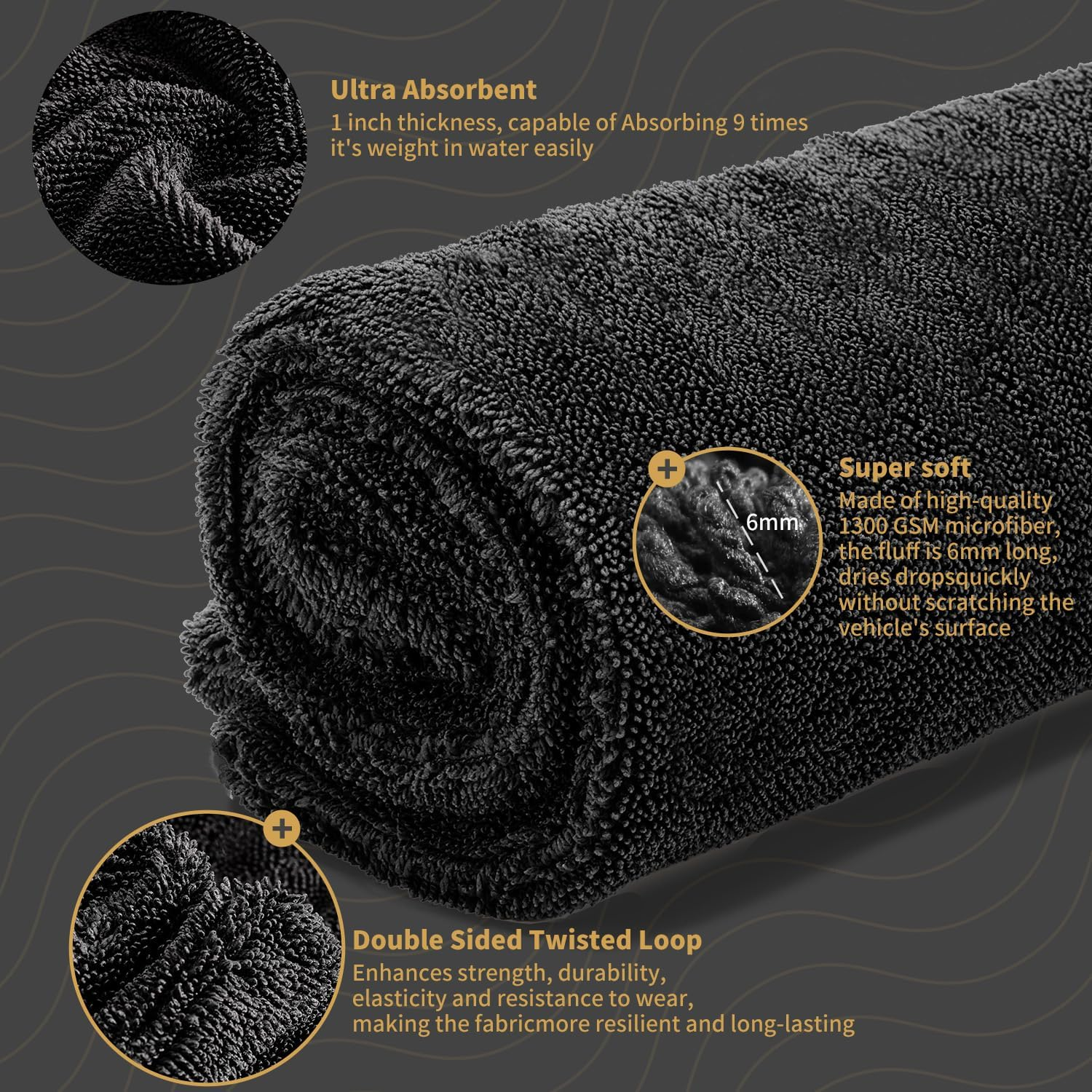 Car Drying Towel Set of 4,1300 GSM Microfiber Towels for Cars, 36" X 24" & 16" X 16", Ultra-Absorbent, Streak Free, Premium Microfiber Cleaning Cloth with Car Wash Mitt and Brush (4, Black) image number 1