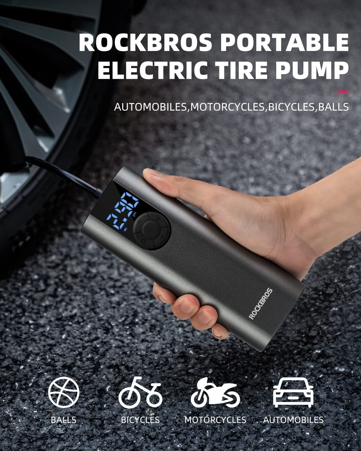 ROCKBROS Portable Air Pump 150PSI Mini Electric Tire Pump Inflator 5 Modes Cordless Air Compressor with 2*2600 Mah Rechargeable Lithium Battery Portable Tire Pump with LED Light for Bike Motorcycle Car Tires Balls Inflatables image number 1