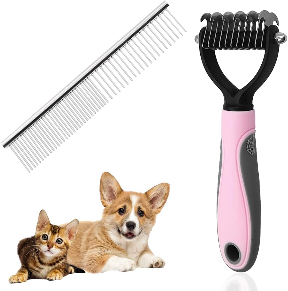 Maxin 1Pcs Pet Undercoat Rake& 1Pcs Dog Cat Comb- Matt Splitters for Dogs, Cats, Rabbits, Long Haired Pets and Knots and Dematting Comb for Pet Grooming (Small 6+11 Teeth Design &16Cm Density Comb) image number 2