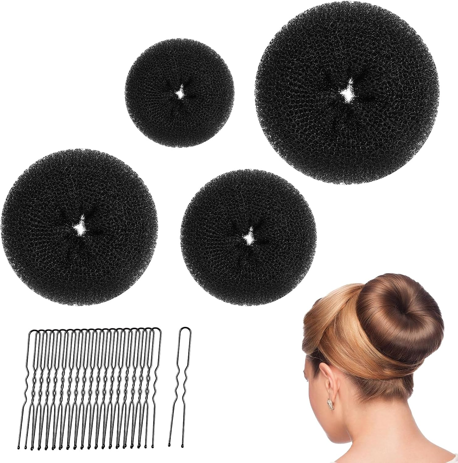 Zegnuem Black Hair Donuts 24Pcs Hair Donuts for Hair Bun Styling Tool Set for Buns with 20 Pins & 4 Headbands Professional Bun Maker for Girls Dancers Ballet Womenbuns image number 4