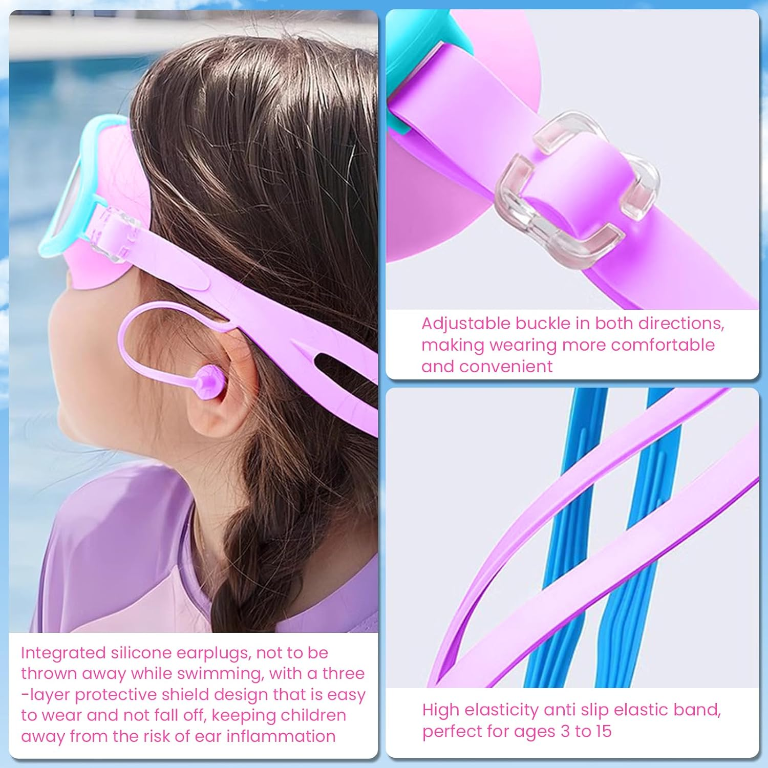 Pearyaest Kids Swim Goggles,Swimming Glasses Swim Cap Set for Children and Early Teens from 3 to 15 Years Old,With Earplugs,Silicone Frame,Strap with Adjustable Buckle,Wide Vision,Anti-Fog