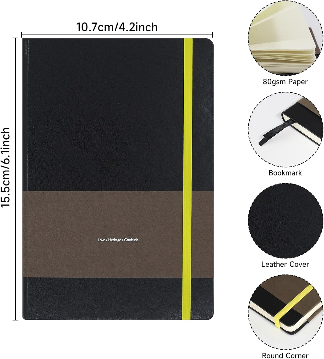 TUNJILOOL A6 Leather Journal Notebook - 2Pack Dotted/Grid/Blank Pages, 100GSM Thick Paper, Water-Resistant Cover, Elastic Closure & Inner Pocket (Black) image number 2