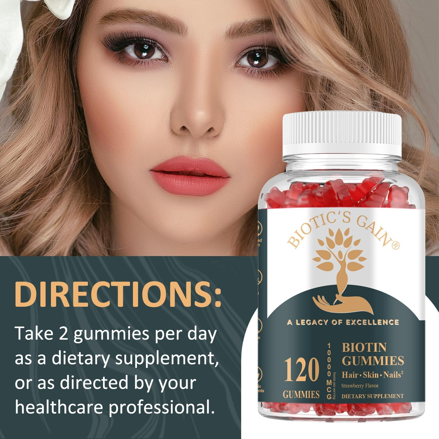 Biotic'S Gain Biotin Gummies, 10000 Mcg, Hair Skin and Nail Support, with Vitamins a C D E B6 B12 and Zinc, Vegan, Sugar Free, 120 Count image number 1