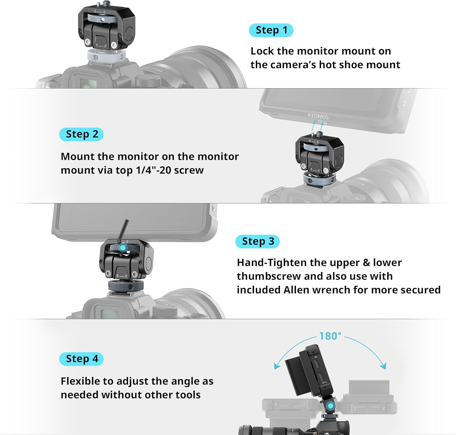 Smallrig Camera Monitor Mount Lite with Cold Shoe, Swivel 360&deg; and Tilt 180&deg; Holder for Field Monitor, LED, Flash and Video Shooting Photography Accessories, Max Load Capacity of 90&deg; Tilt 3.2Kg - 3809 image number 3