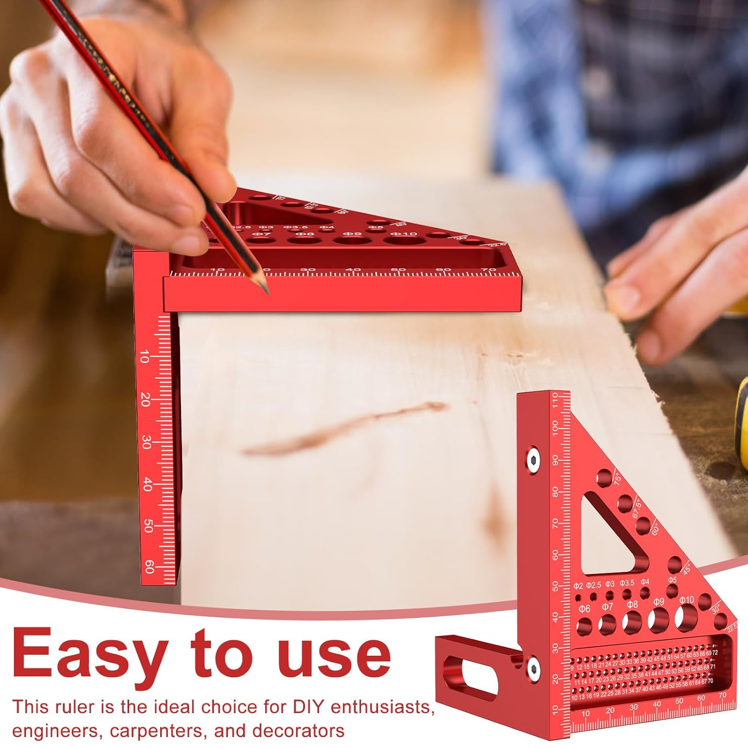 Metric 3D Multi-Angle Measuring Ruler, 22.5&deg;-90&deg; Degree Aluminum Alloy Woodworking Square Protractor, Miter Triangle Ruler High Precision Layout Measuring Tool for Engineer Carpenter (Red) image number 3