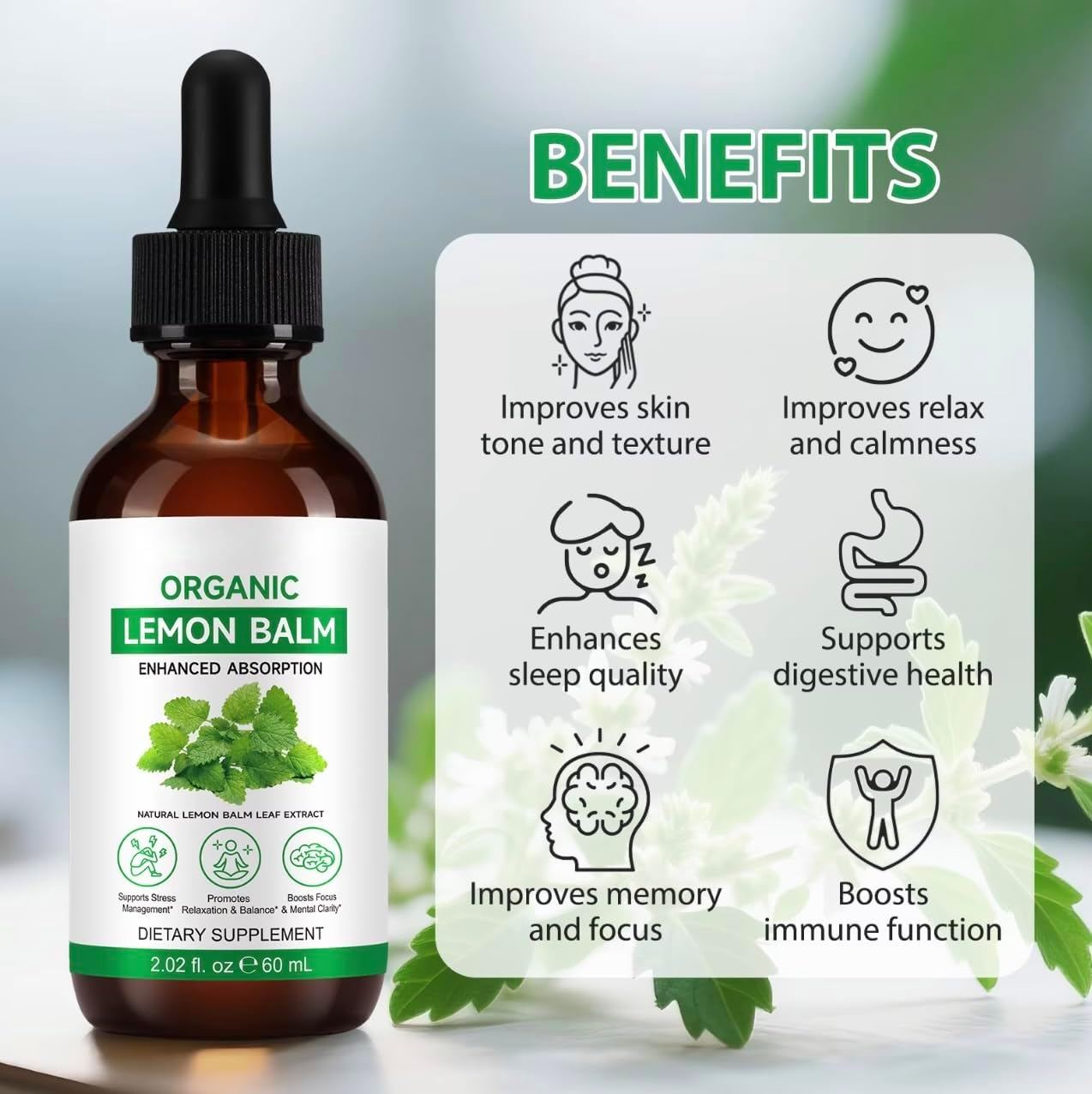 Lemon Balm Liquid Extract 60Ml &ndash; Organic & Alcohol-Free Tincture &ndash; Natural Lemon Balm Leaf &ndash; Vegan, Non-Gmo Herbal Supplement &ndash; Daily Wellness Support image number 1