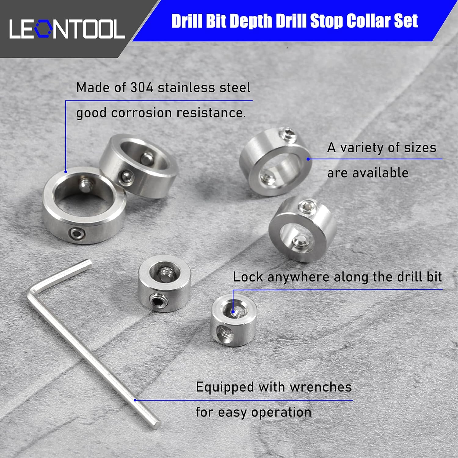 LEONTOOL 12 Pcs 3-16Mm Drill Bit Depth Stop Collar Set 304 Stainless Steel Drilling Limit Ring Drill Bit Stop Collar Set Stop Bit Collar Set Drill Tool with Hex Wrenches and Storage Box 17GD1119 image number 5