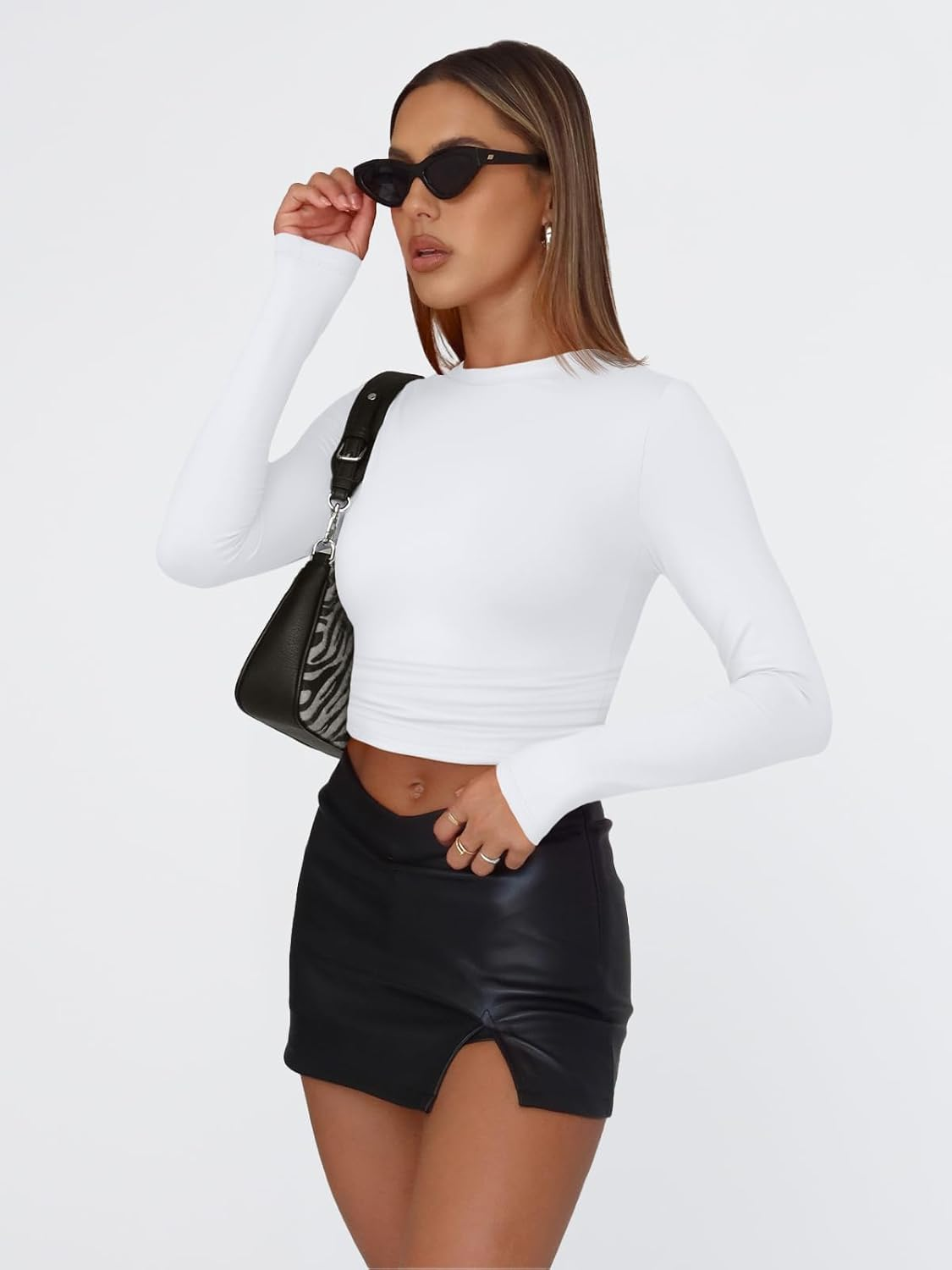 Trendy Queen Womens Clothing Long Sleeve Tops Crew Neck Basic T Shirts Going Out Y2K Crop Top Workout Gym Clothes 2025 image number 6