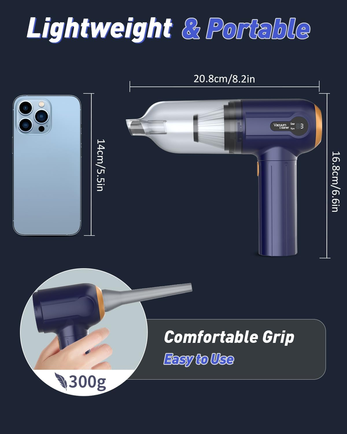 Musclez Car Vacuum Cleaner, 15000PA Mini Portable Handheld Car Vacuum Rechargeable Dust Buster, Wireless Air Blower, LED Display Powerful Cordless Vacuum Cleaner for Home Pet Hair Office(Blue Gray) image number 4