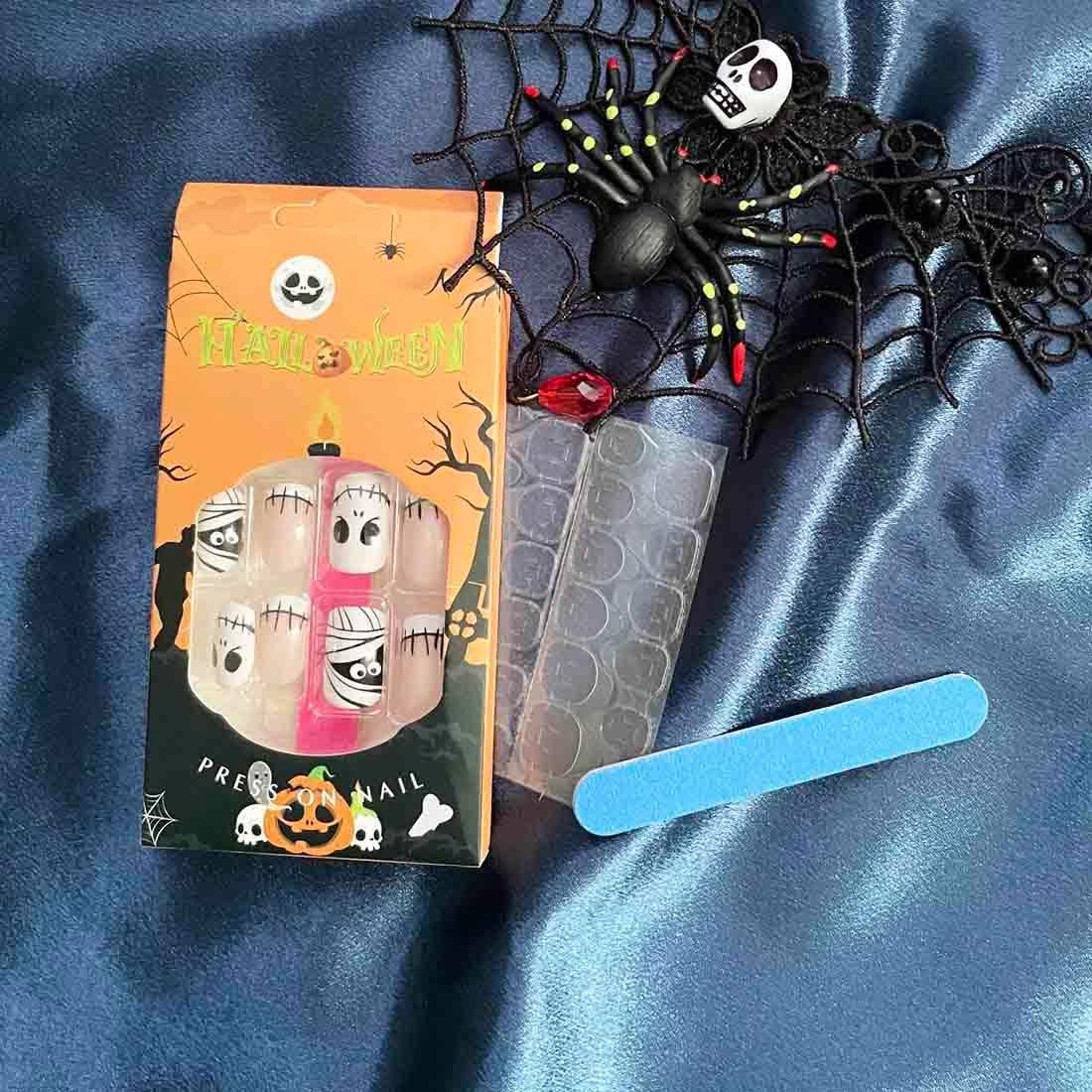 Resweky Halloween Square Skeleton Ghost Demon Nails False Pink Nude French Short False Nails Full Cover Acrylic Nails for Women and Girls (Pink 2, L) image number 2