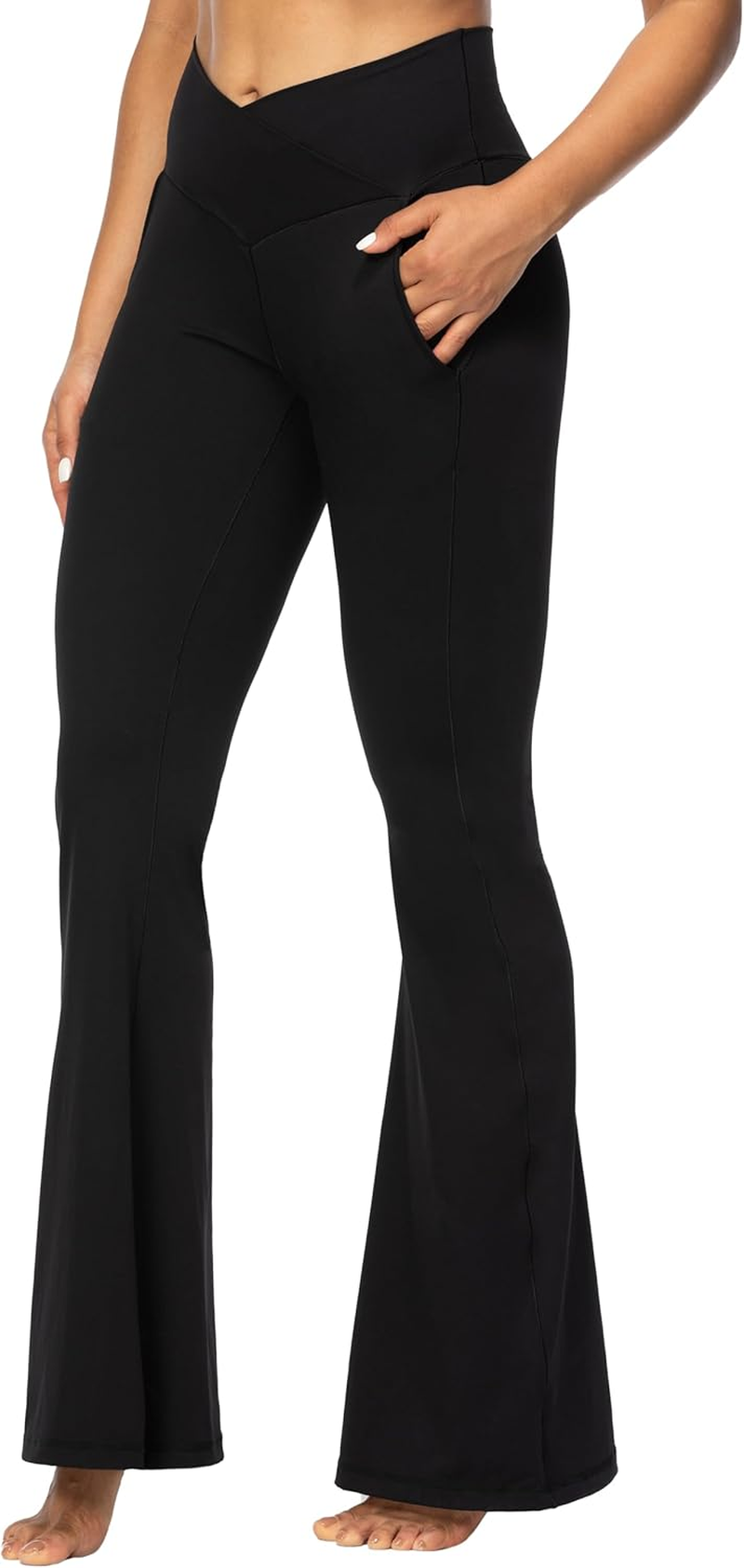 Sunzel Flare Leggings for Women with Pockets, Crossover Yoga Pants with Tummy Control, High Waisted and Wide Leg, 30" image number 3