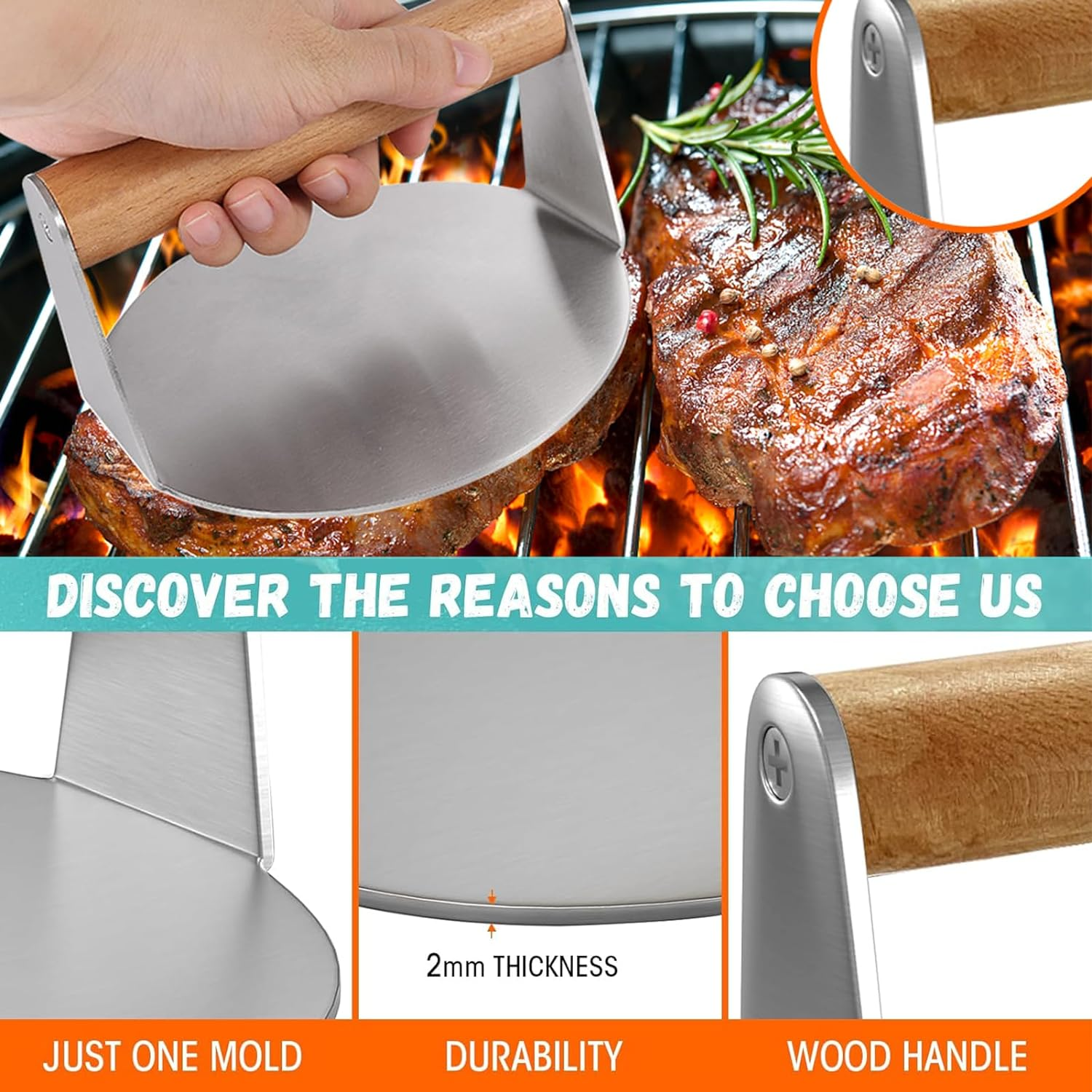 Stainless Steel Burger Press, 5.5 Inch round Burger Smasher, Non-Stick Smooth Hamburger Press Flat Bottom, with Wood Handle, Bacon Press, Grill Press Perfect for Flat Top Griddle Grill Cooking