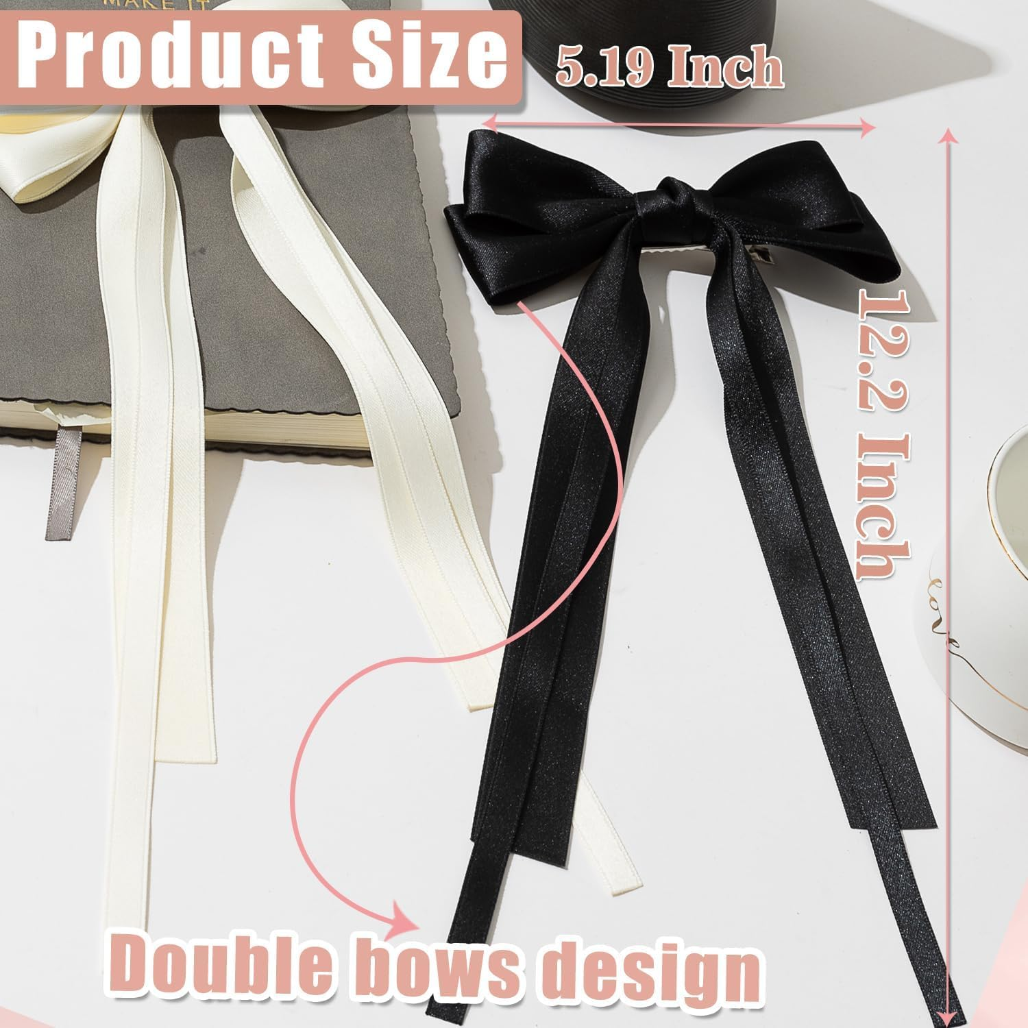 NATOSU 2Pcs Large Satin Ribbon Hair Bows for Women Hair Bows for Women Oversized Long Tail Cute Aesthetic Large Hair Clips for Women image number 5
