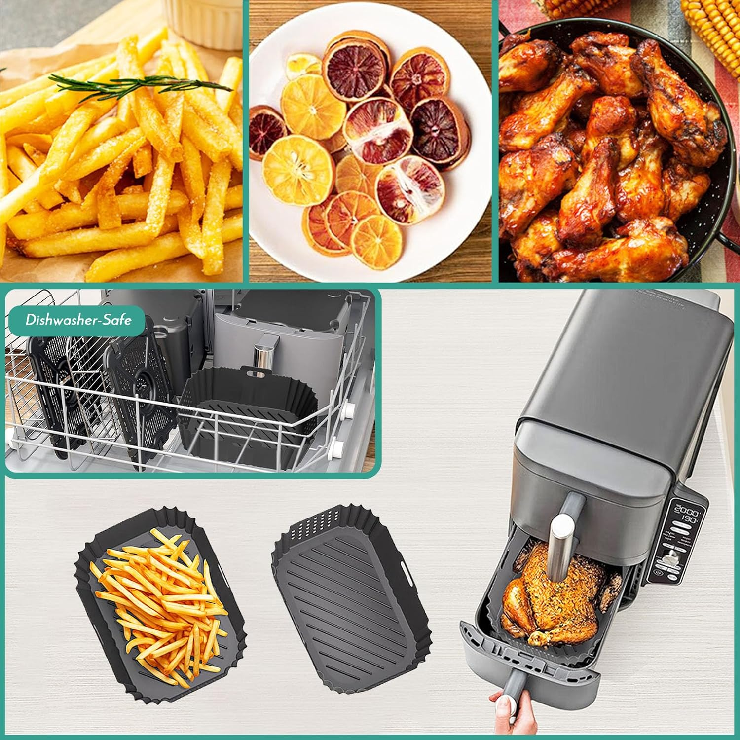 Marakruki 2Pcs Silicone Air Fryer Liners for Ninja Dual Stack Air Fryer, 21X14 Cm, 2-Pack, Compatible with Ninja AF400 Air Fryer, Bpa-Free Silicone Liners for 9.5L Dual Air Fryer image number 5