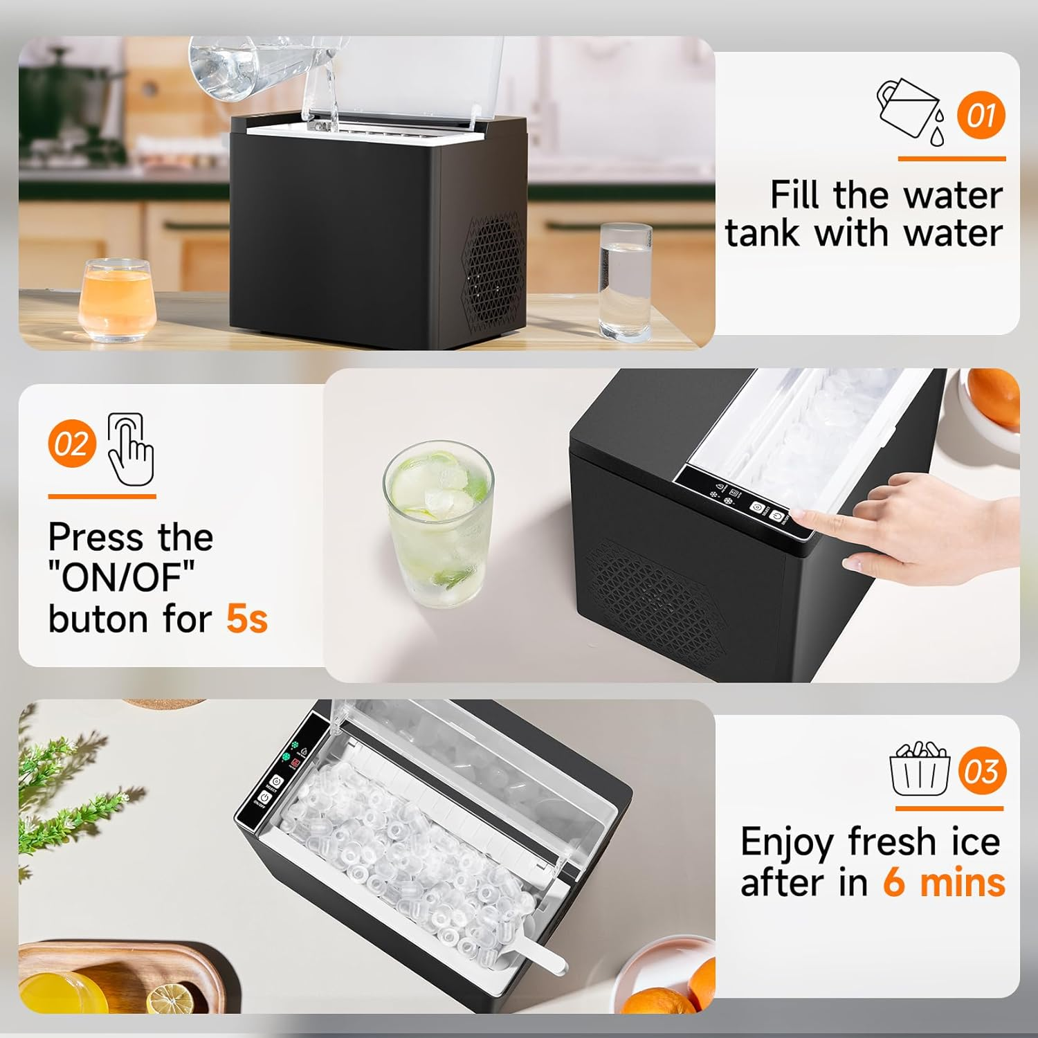 SONOLOR Ice Maker Countertop, Portable Ice Machine with Ice Scoop, Basket, 9 Cubes in 6 Mins, 26.5Lbs/24H, 2 Sizes of Bullet Ice, One-Click Operation Ice Makers for Home/Party/Offices/Bars (Black) image number 3