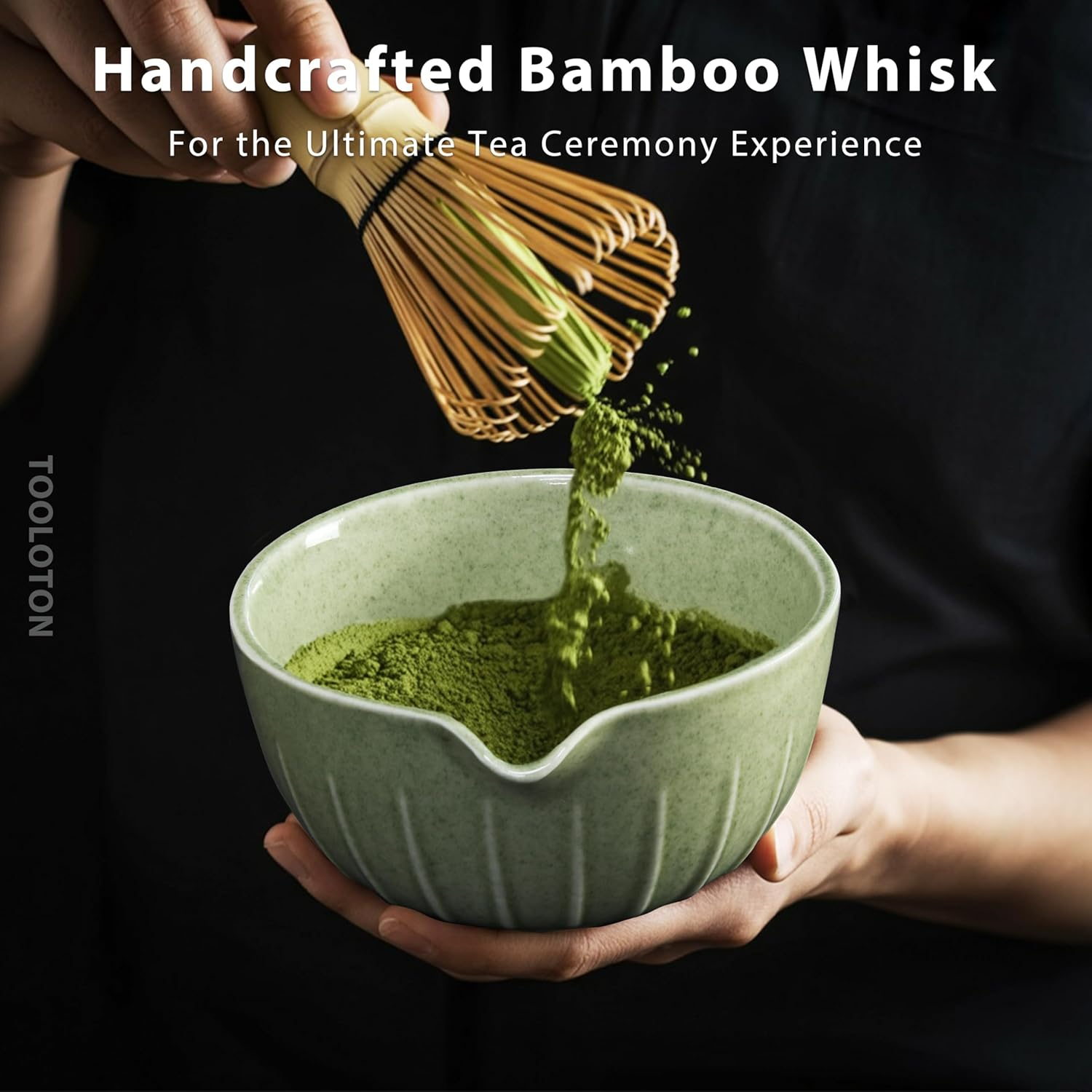 Traditional Japanese Matcha Tea Ceremony Set, 7-Piece Premium Ceramic Bowl and Bamboo Whisk Kit, with Scoop, Holder, Sifter, Rest, Tea Towel (Green) image number 1