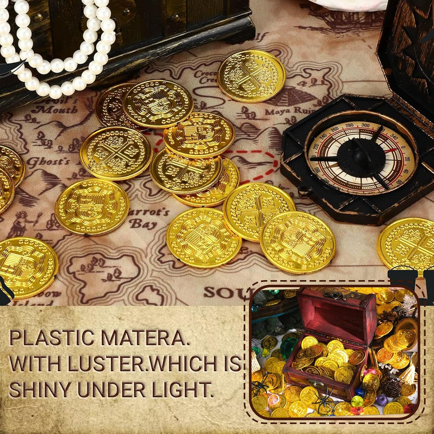 JOWILIN Pirate Coins Set, 100 Pcs Plastic Pirate Gold Coins, Treasure Hunt Coins, Fake Pirate Coins for Pirate Adventure Themed Supplies, Birthday Party Props, Pirate Party Favors image number 1