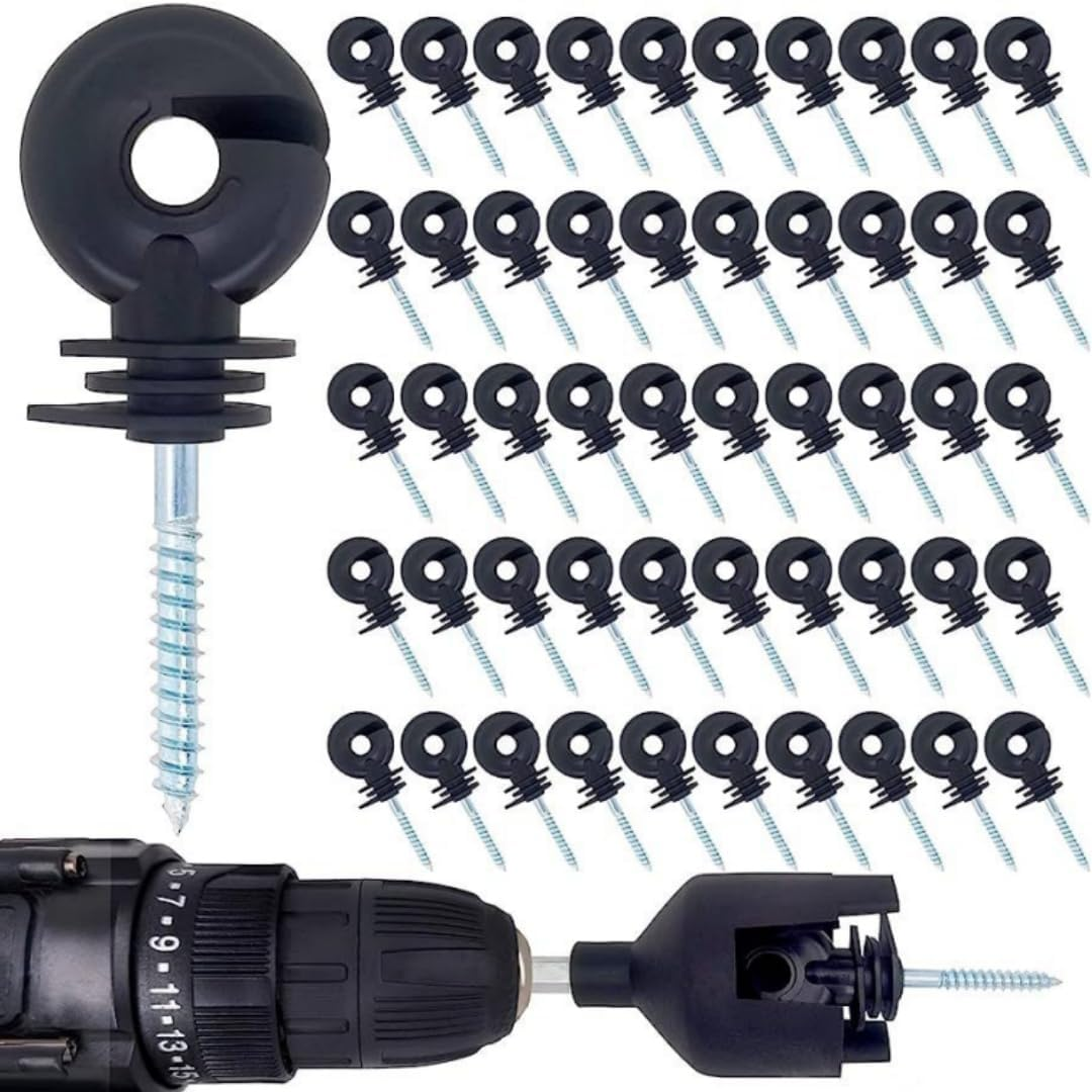 Electric Fence Ring Insulators, 50 Pack with Installation Bit, 3.7 Inch Black Ring Design