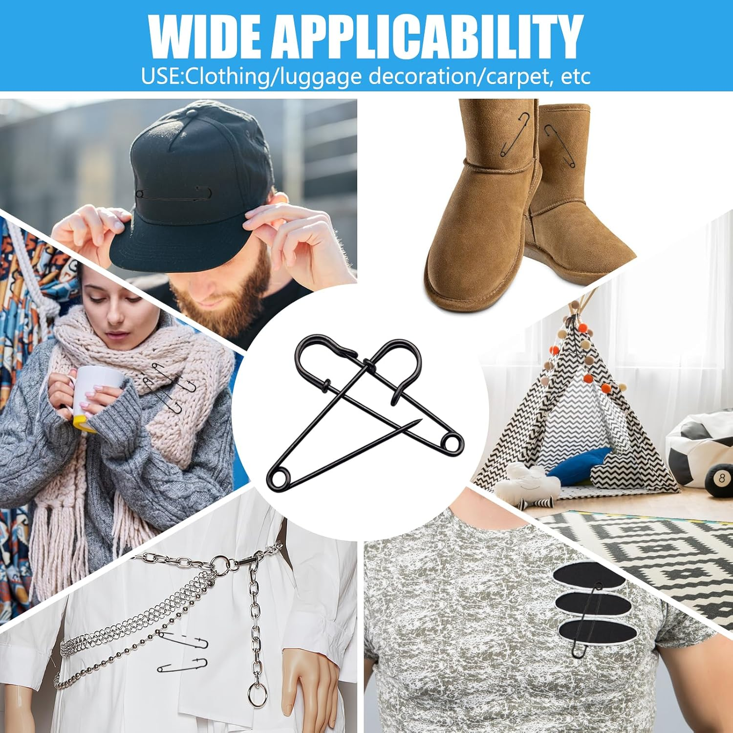 10Pcs Large Metal Safety Pins, 10Cm Metal Spring Lock Pins Brooches Wire Safety Blanket Pins, Extra Large Safety Pin Heavy Duty Safety Pins for Clothes Leather (Black) image number 2