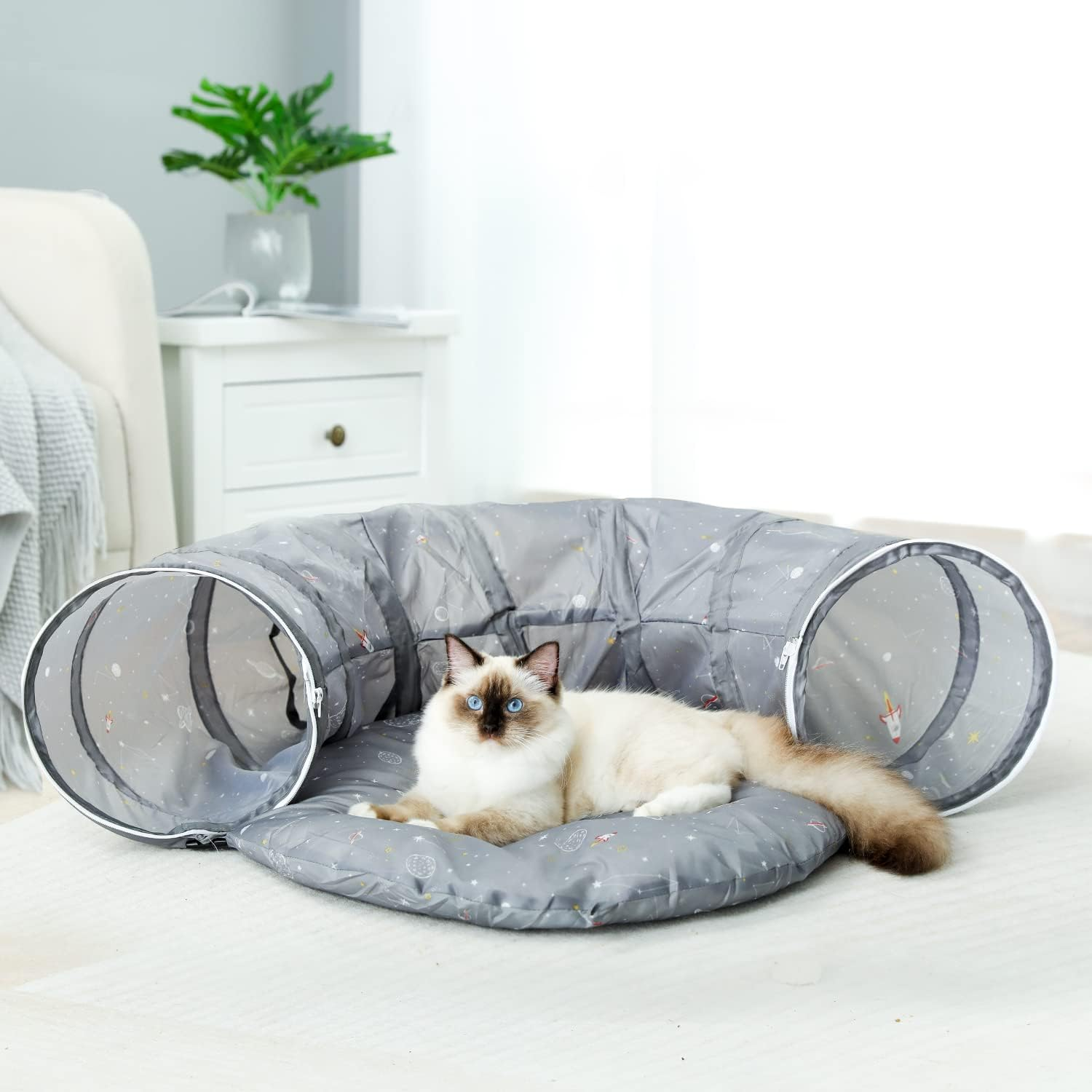 PAWZ Road Cat Tunnel Bed with Central Mat and Peek Hole Cat Bed with Cat Toy Hanging Balls image number 5