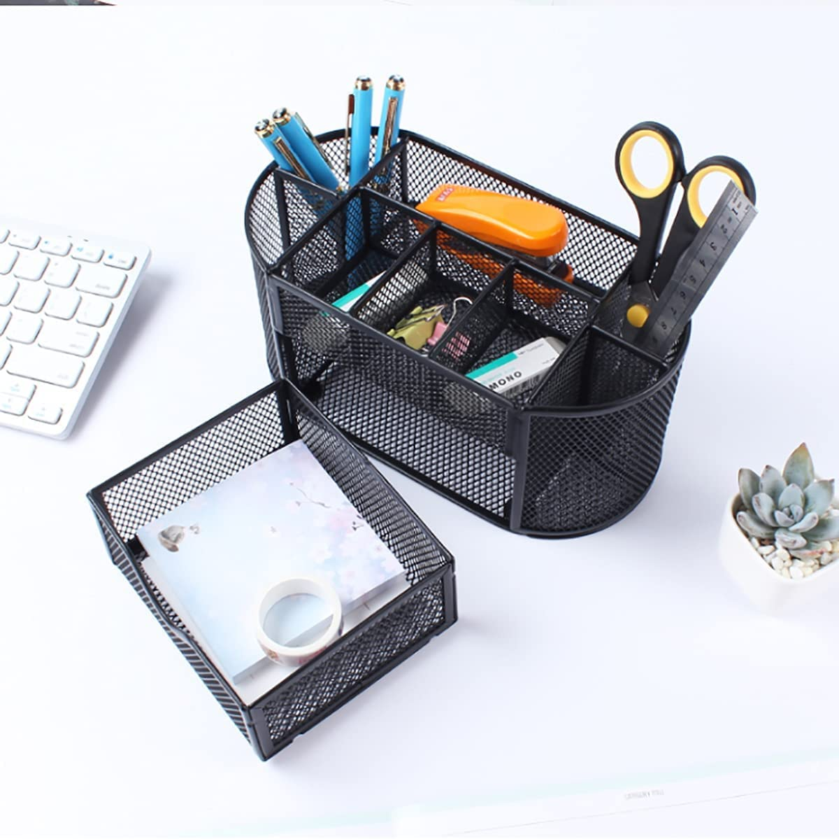 Yuroochii Modern Minimalist Black Mesh Desk Tidy Multifunctional Pen Holder with Drawer, 8 Compartments, Space Saver, Rust-Resistant, Desk Organiser