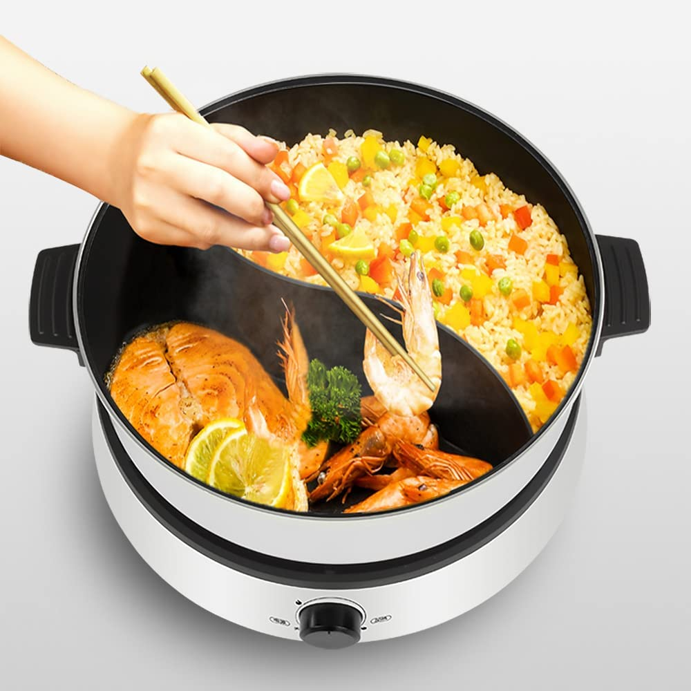 Electric Dual-Sided Shabu Shabu Hot Pot with Divider, 4L Double Flavor Non-Stick Hot Pot with Multi-Power Control, Electric Cooker with Glass Lid for Party, Family Gathering image number 2