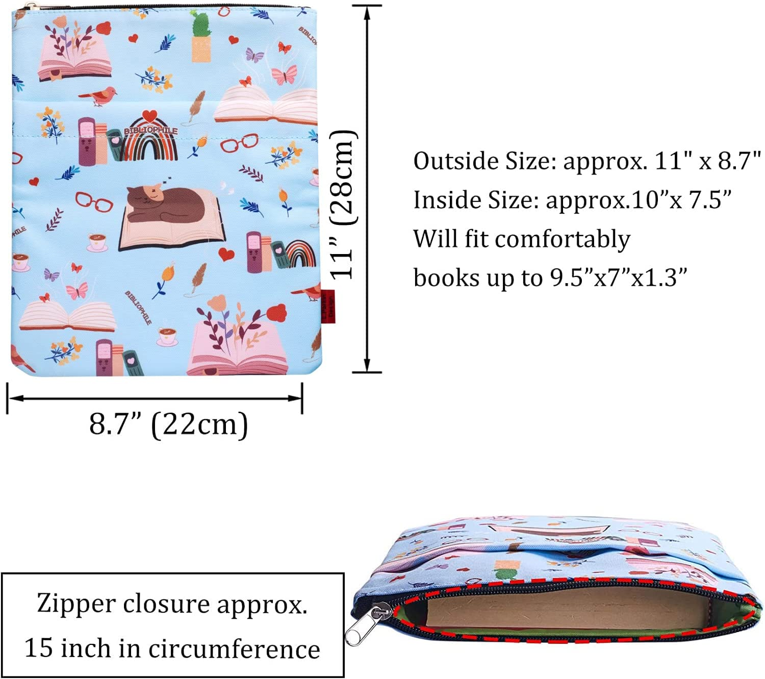 Book Sleeve for Book Lovers, Bibliophile Book Protector, Book Covers for Paperbacks, Washable Fabric, Book Sleeves with Zipper, Medium 11 Inch X 8.7 Inch image number 3