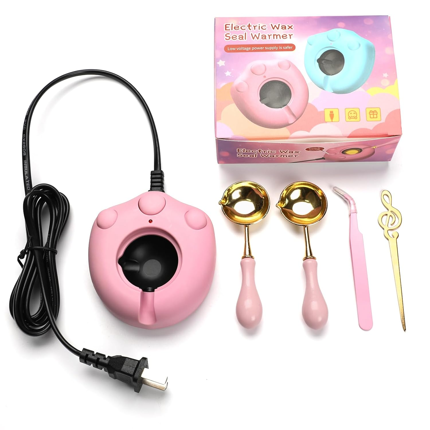 Andotopee Electric Wax Seal Warmer Kit with Melter, 2Pcs Spoon, Tweezers, Stir Pin for Fast Melting Beads Sticks, Envelope Stamp Seals Craft, Pink