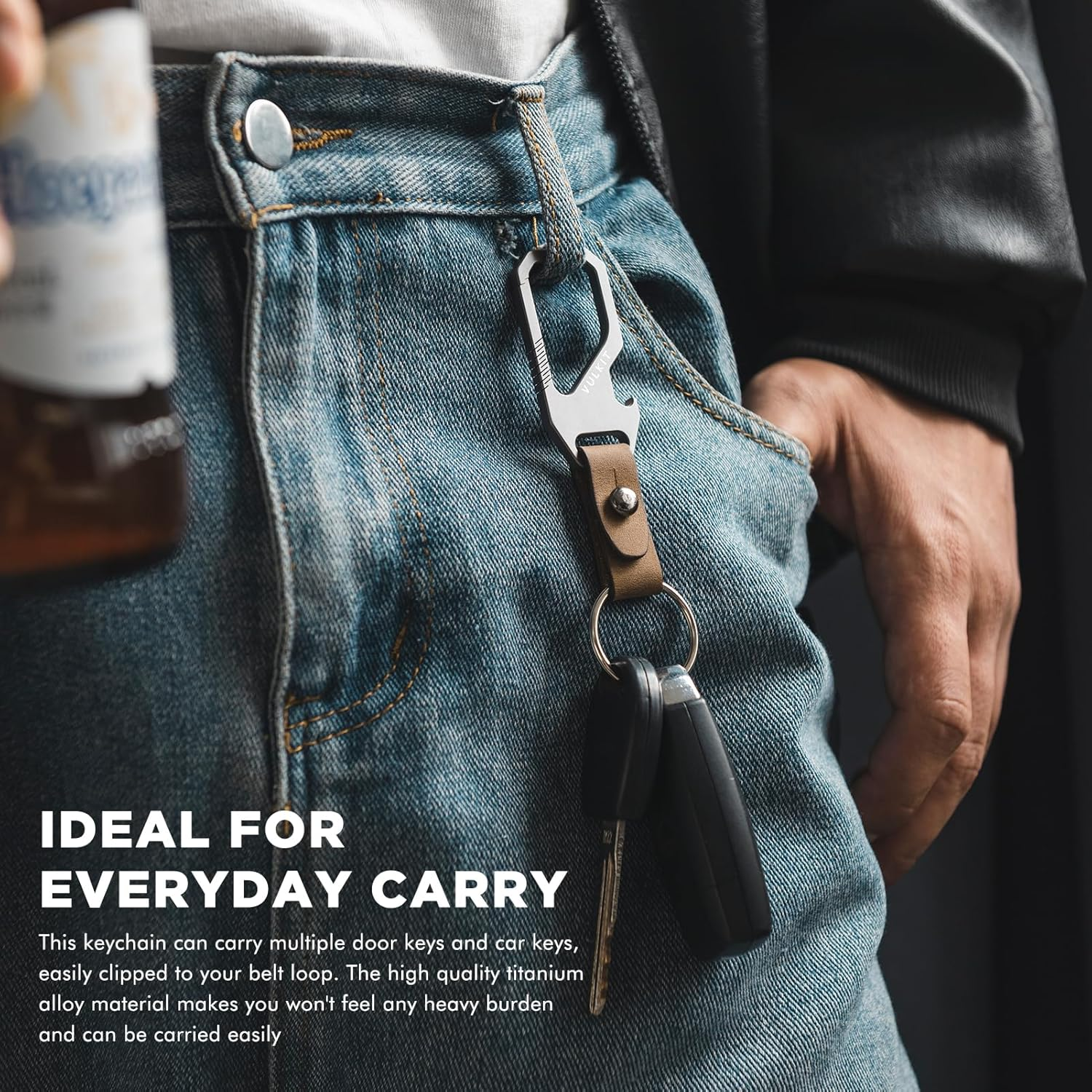 VULKIT Titanium Key Keeper Genuine Leather Belt Loop Keychain, Bottle Opener Key Chain, Key Clip for Belt, EDC Carabiner Key Ring image number 1