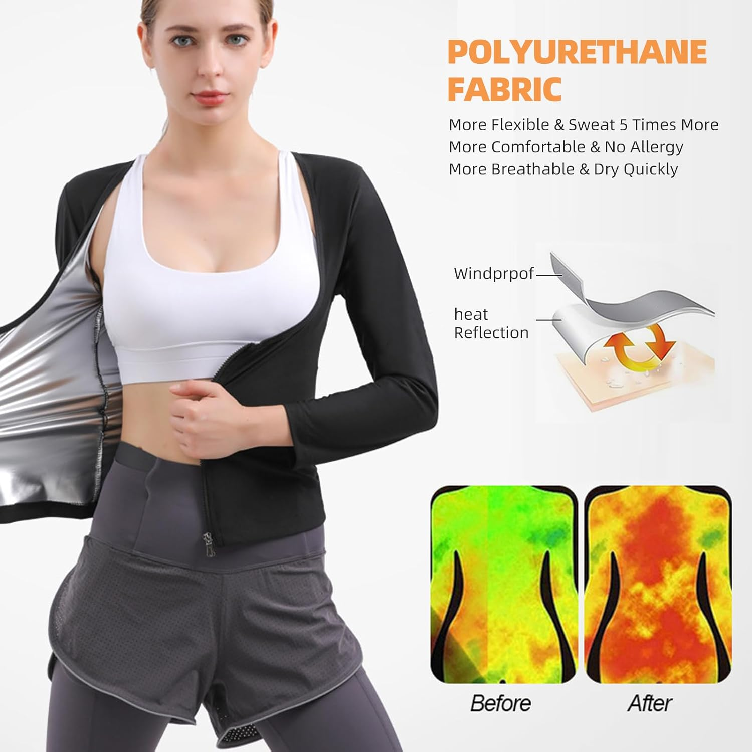 Sauna Suit for Women Sports Sweat-Wicking Fitness Sauna Suit Long Sleeve Zipper Jacket Workout Top for Weight Loss image number 6