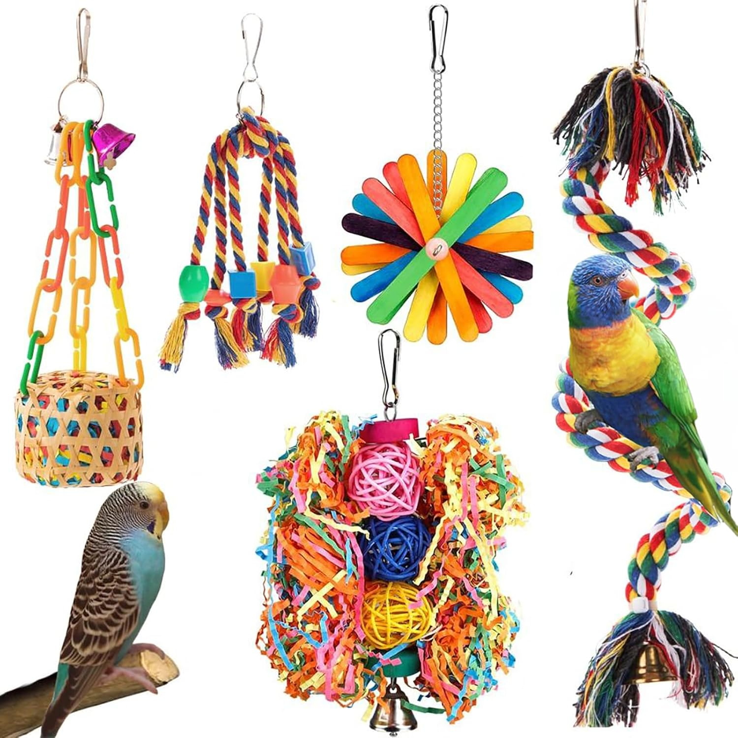 Velmoriah 5PCS Colorful Bird Toys for Parakeets, Parrot Chewing Shredding Foraging Toys Rope Perch with Bells, Bird Swing Climbing Standing Hanging Toys for Conure Cockatiel Budgies Lovebird image number 2