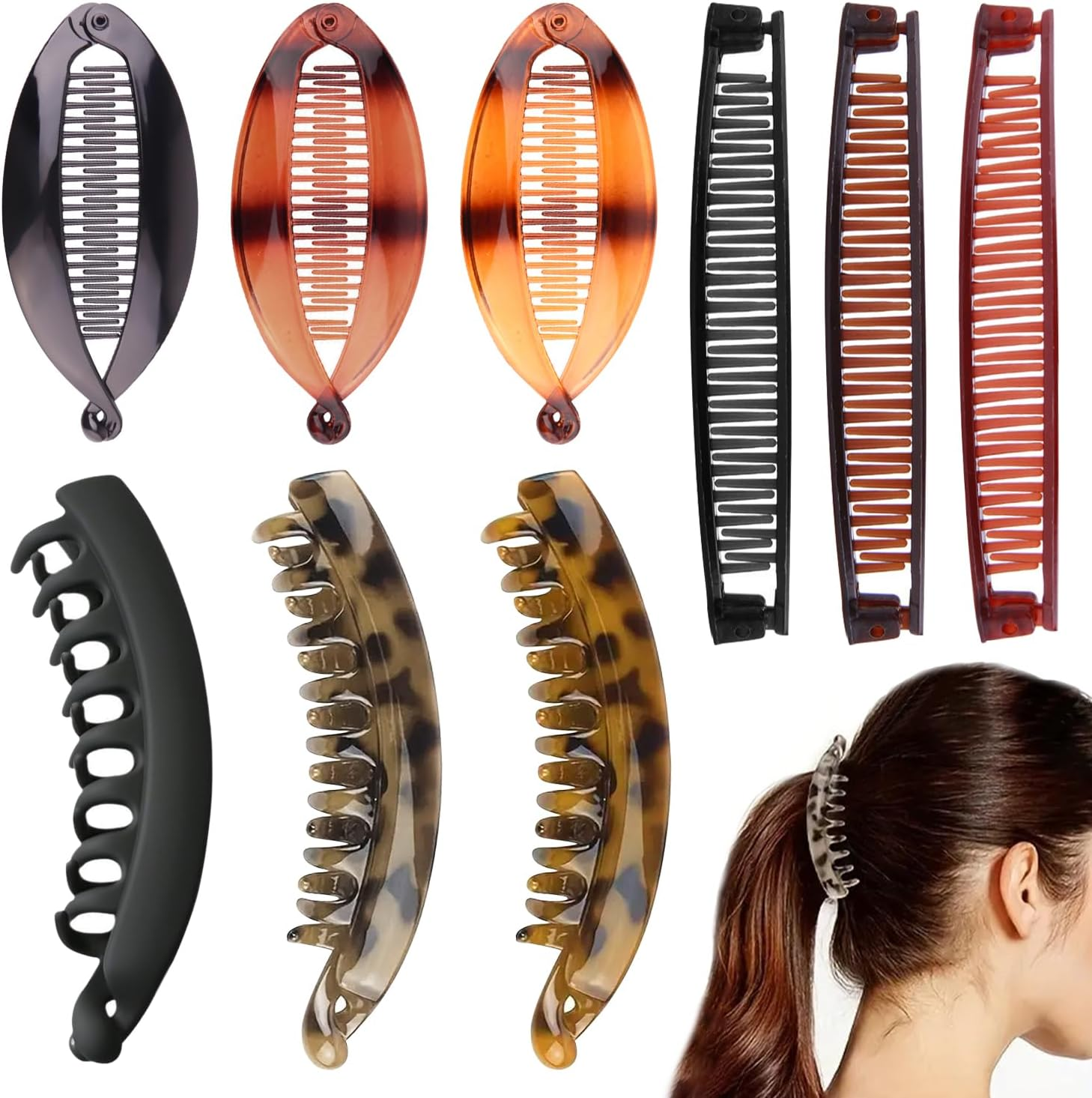 SYEYCW 9 Pcs Bannana Hair Clips, Non-Slip Banana Hair-Comb, Double Comb Long Clips & Ponytail Holders, Fishtail Strong Hold Ponytail Holder, for Thick & Fine Hair, Clip Accessories for Women Girls image number 1