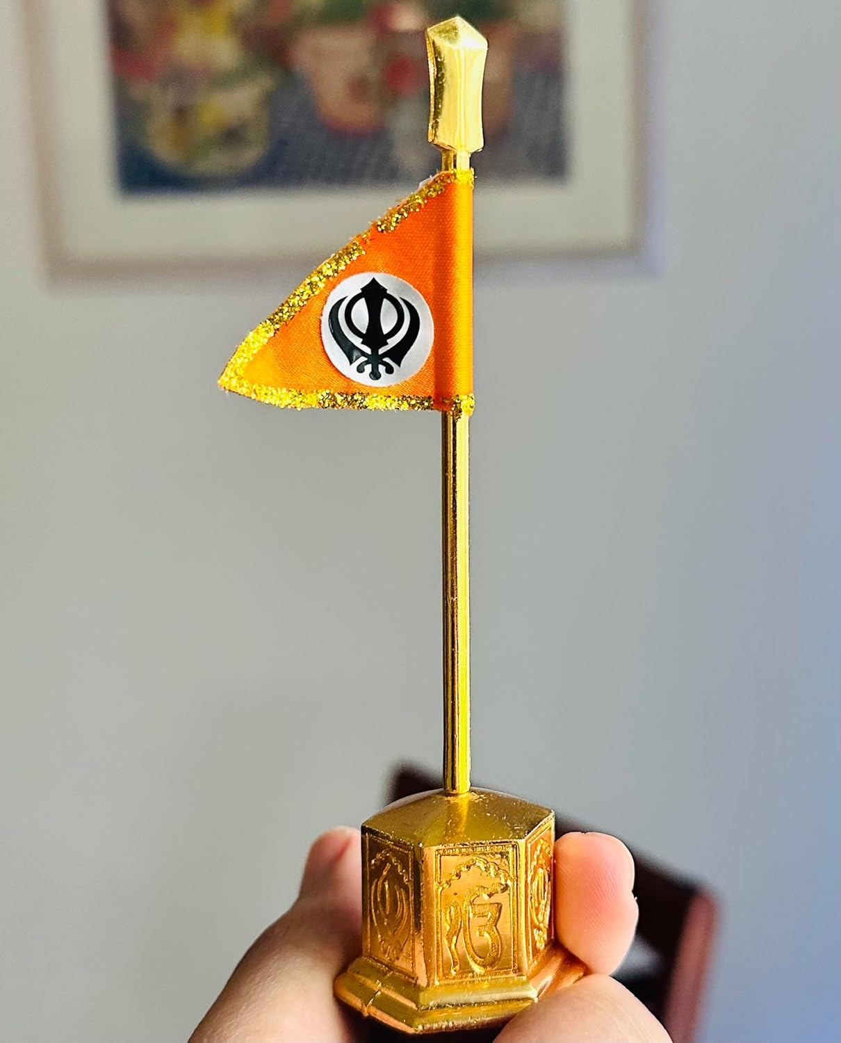 Nishan Sahib Khanda Model for Car Dashboard and Table Punjabi Home Decor Golden Sikh Punjabi Car Dashboard Accessory for Punjabi Car Dashboard Gold Plated Perfect Size for Car Dashboard 13 CM Long. image number 1