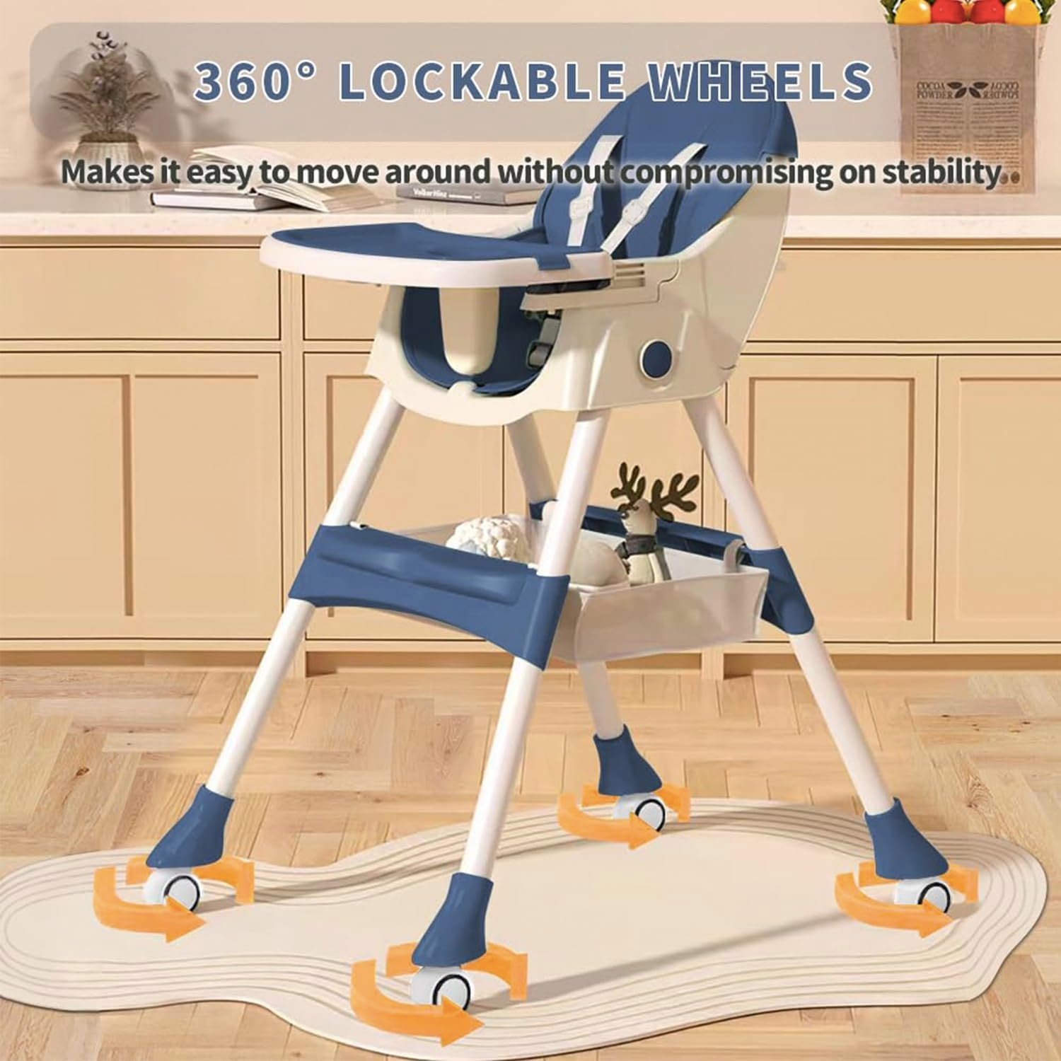 Baby High Chair for Babies and Toddlers with 360 Degree Rotatable Wheels 6 in 1/3 in 1 Foldable and Portable Children'S Highchair Suitable for Babies of All Ages to Grow up (Navy Blue)