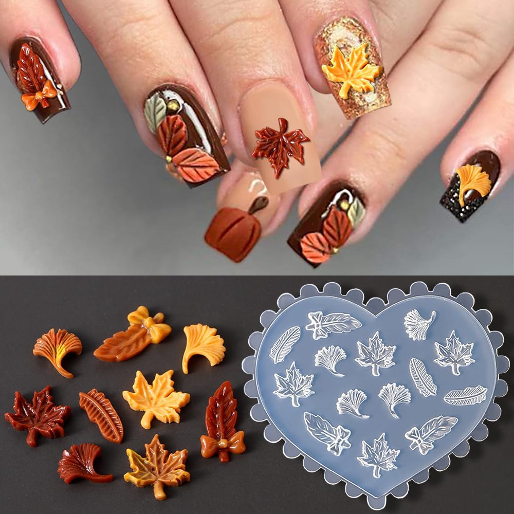 3D Maple Leaf Nail Design Silicone Nail Shapes Autumn Leaves Nail Charms Molds Silicone Mould Autumn Maple Nail Stamp Silicone Moulds for Nail Art Fall Leaf Nail Charms Resin Shapes Nail Accessories
