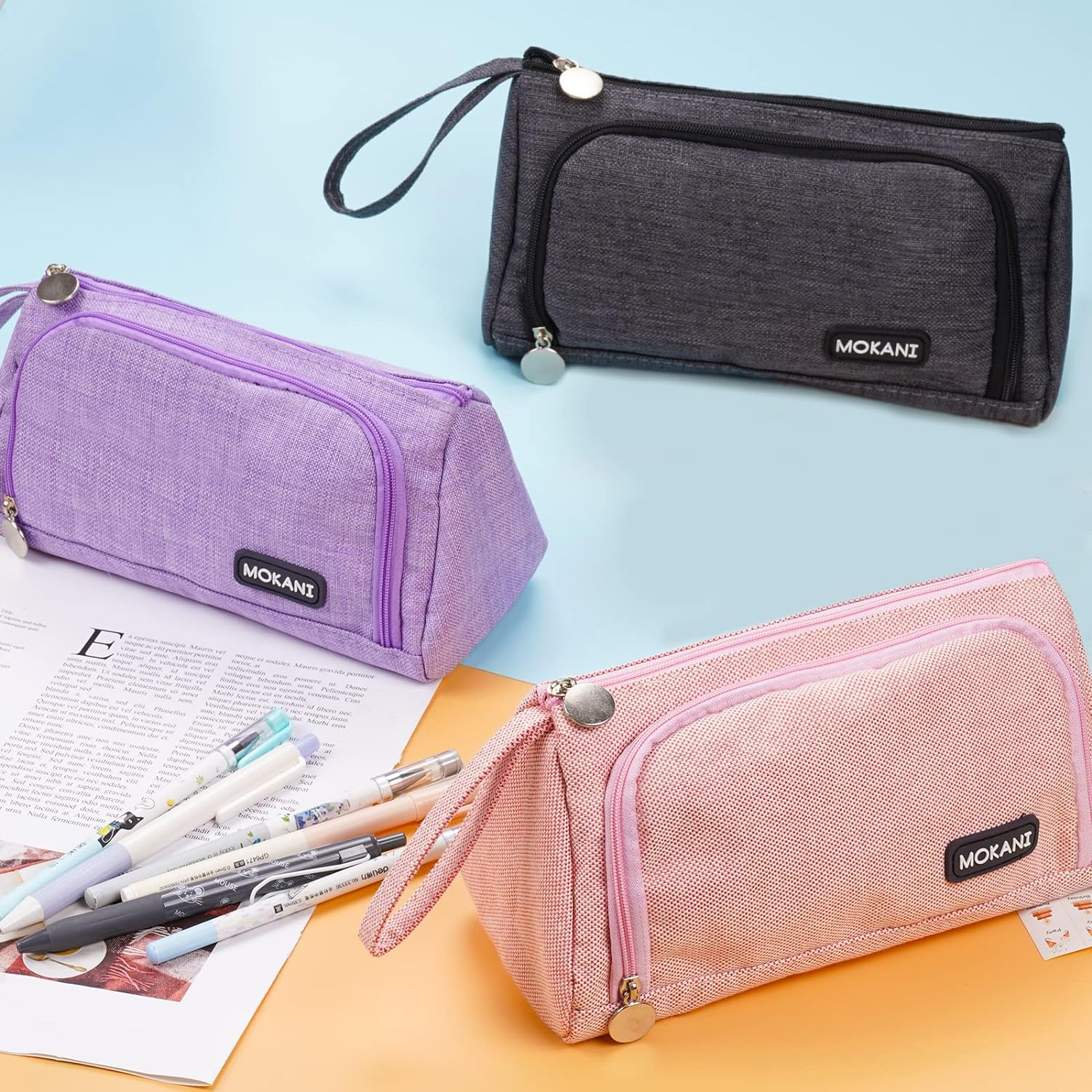 Mokani Big Capacity Pencil Case, Canvas Pen Pencil Pouch with Handle, Stationery Storage Cosmetic Bag Middle High School College Office Organizer for Students Girls Teens Adults, Gray - Gray image number 1