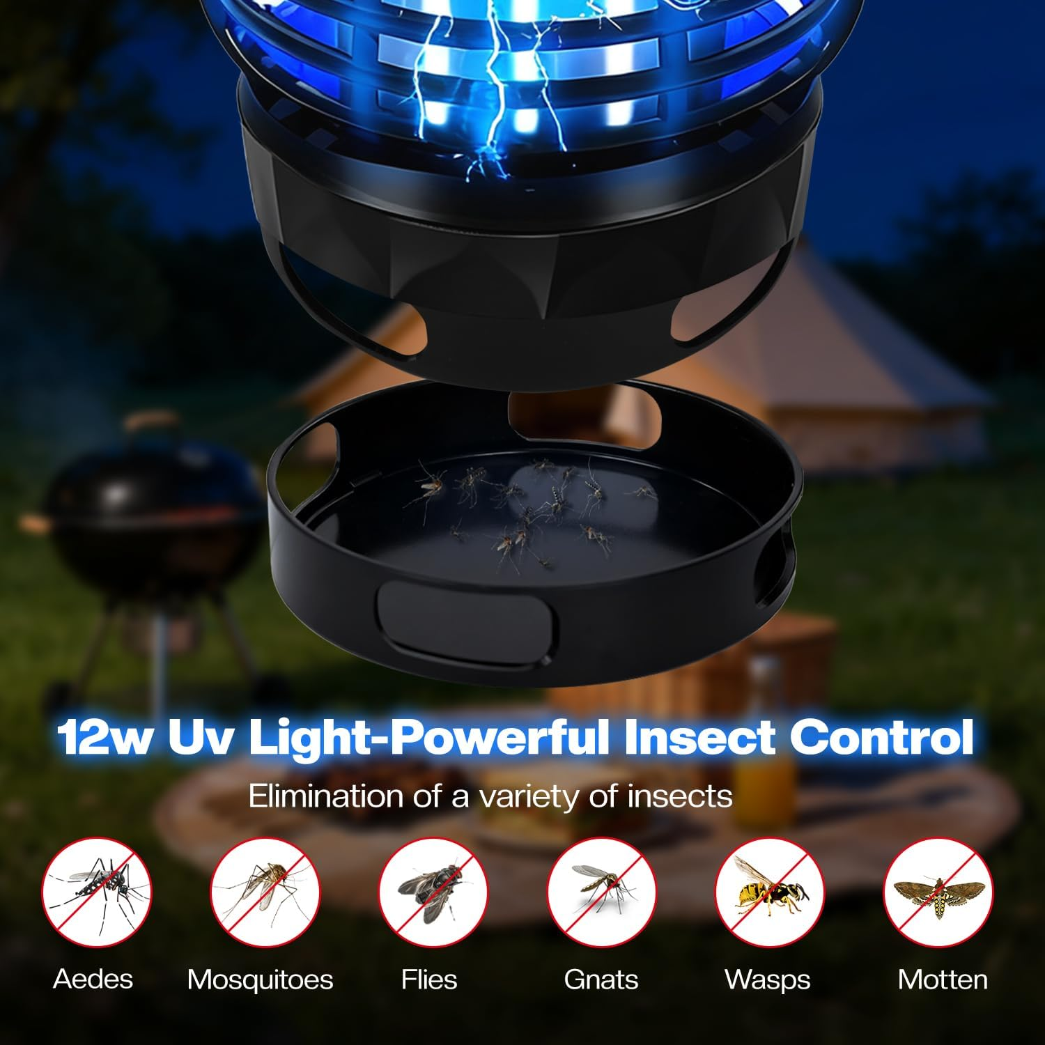 Necomi Bug Zapper Outdoor, 12W Electric Mosquito Killer Lamp with Sticky Boards, Electric Insect Trap & Insect Catcher, Powerful Bug Zapper Light for Home, Indoor, Outdoor, Yard (Black) image number 5