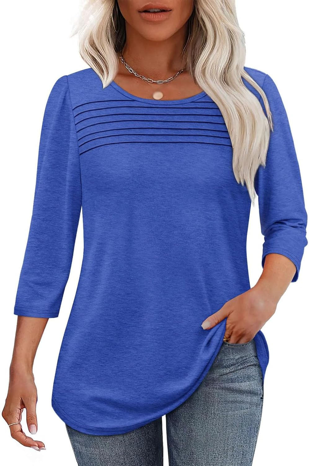 2025 Women'S 3/4 Length Sleeve Top Pleated Front T-Shirt, Curved Hem Casual Shirt for Work & Weekend,Dressy Casual for Women'S