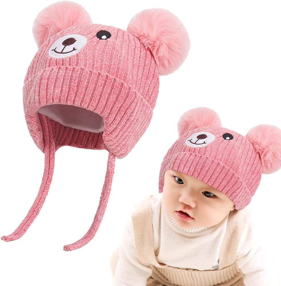 Cute Bear Kids Winter Fleece Lined Knitted Hat with Ear Flaps Dual Pom-Pom Chenille Furry Beanie Earflap Warm Beanie Hat with Strap Cold Weather Warm Hat for 1-5 Y Infant Toddler Boys Girls - Black image number 5
