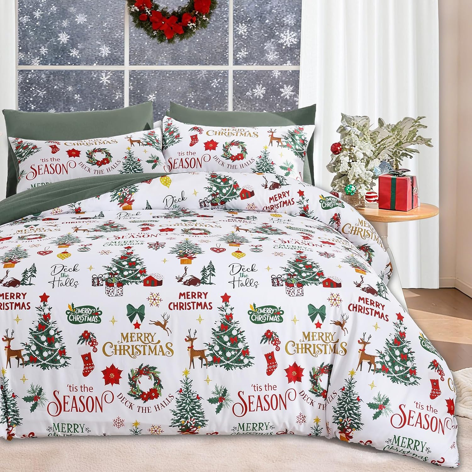 Christmas Duvet Cover Set Queen Wreath Christmas Tree Poinsettia Bedding Set, 3 Piece Soft Microfiber Rustic Green White Winter Holiday Duvet Cover Festival Decor (Zipper Closure,90''X90'') image number 4